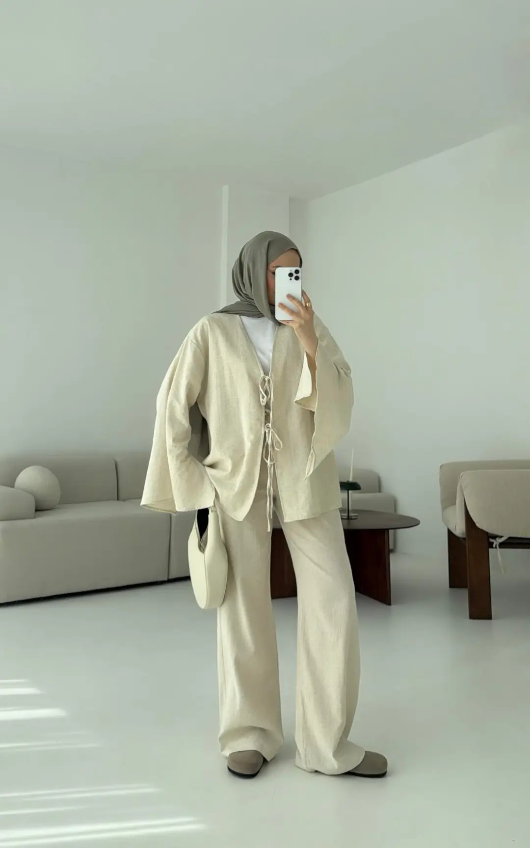 Kol Detaylı Kimono Keten Takım Natural