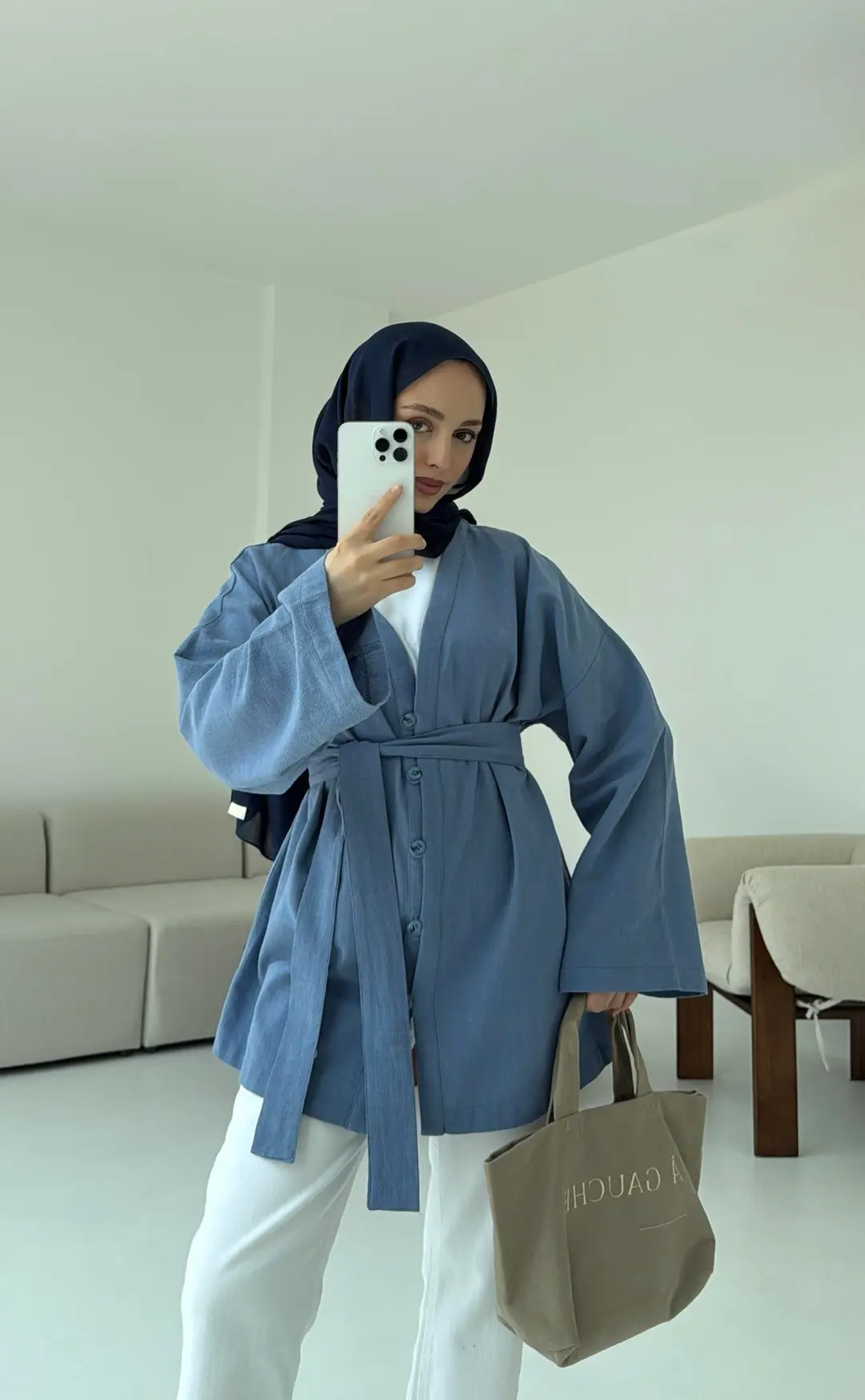 Linen Düğmeli Kimono Mavi