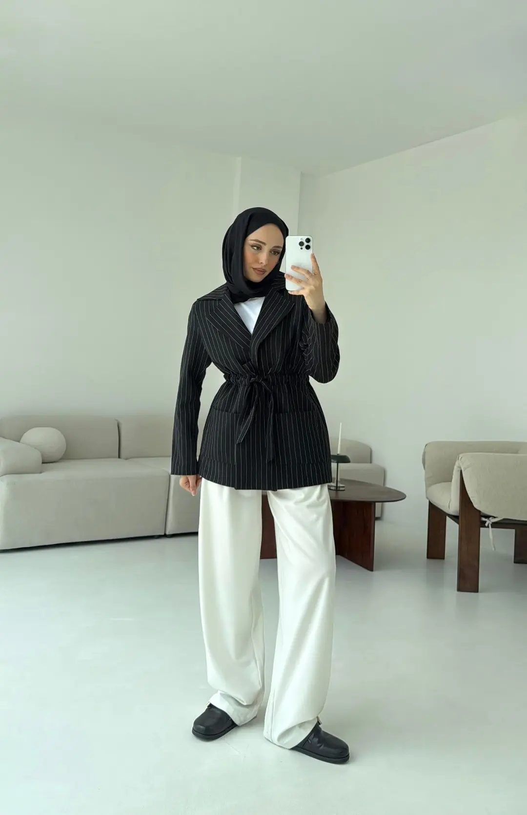 Bağlamalı Siyah Çizgili Blazer Ceket