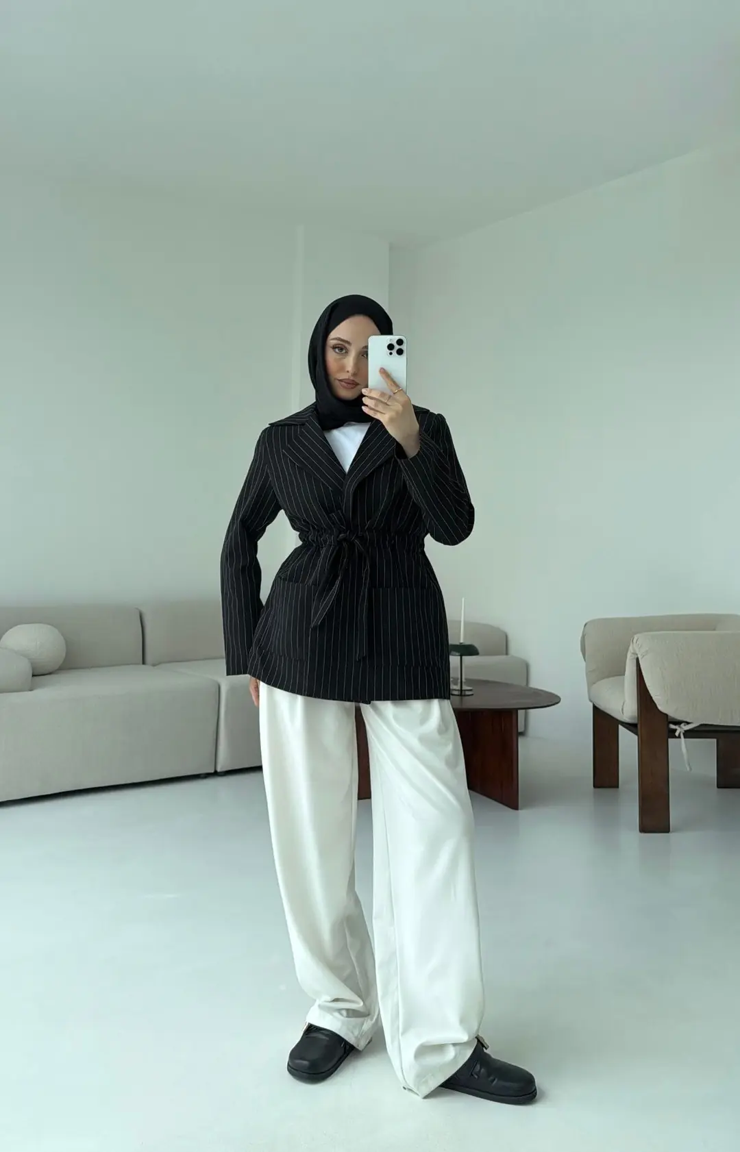 Bağlamalı Siyah Çizgili Blazer Ceket