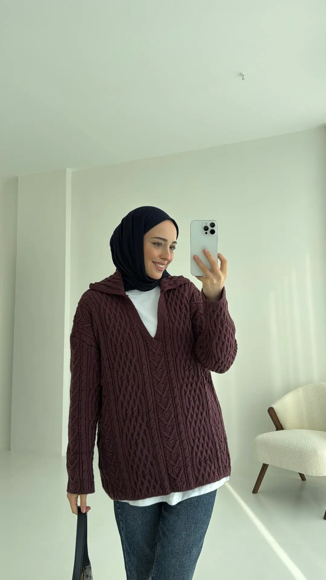 Kendinden V Yaka Saç Örgü Kazak Mürdüm