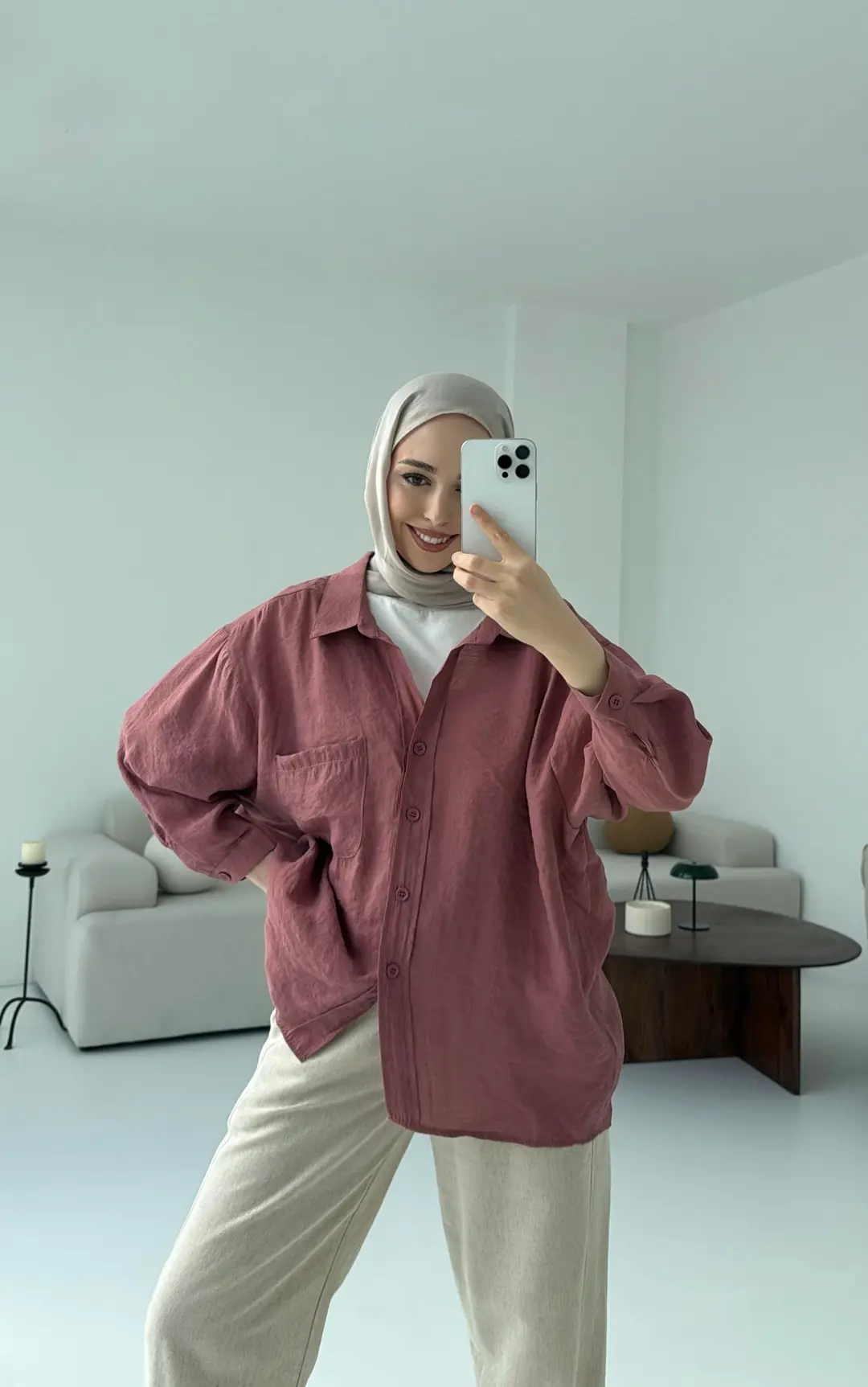 Düşük Omuz Oversize Gömlek Gül Kurusu