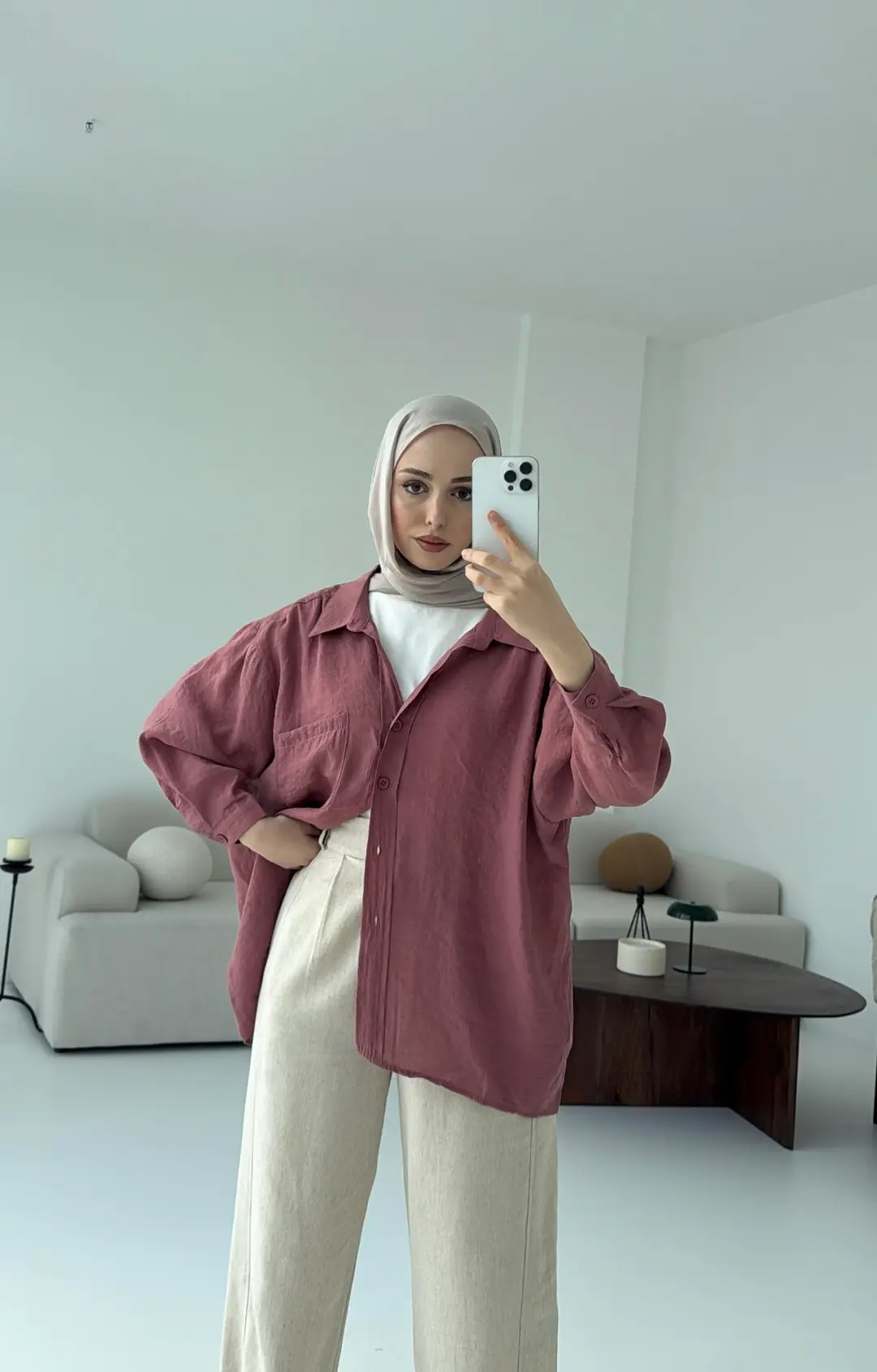 Düşük Omuz Oversize Gömlek Gül Kurusu