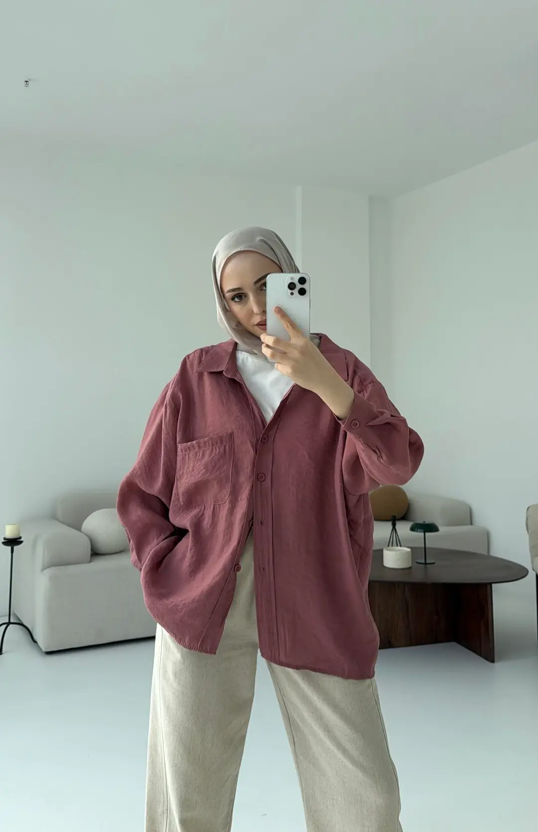 Düşük Omuz Oversize Gömlek Gül Kurusu