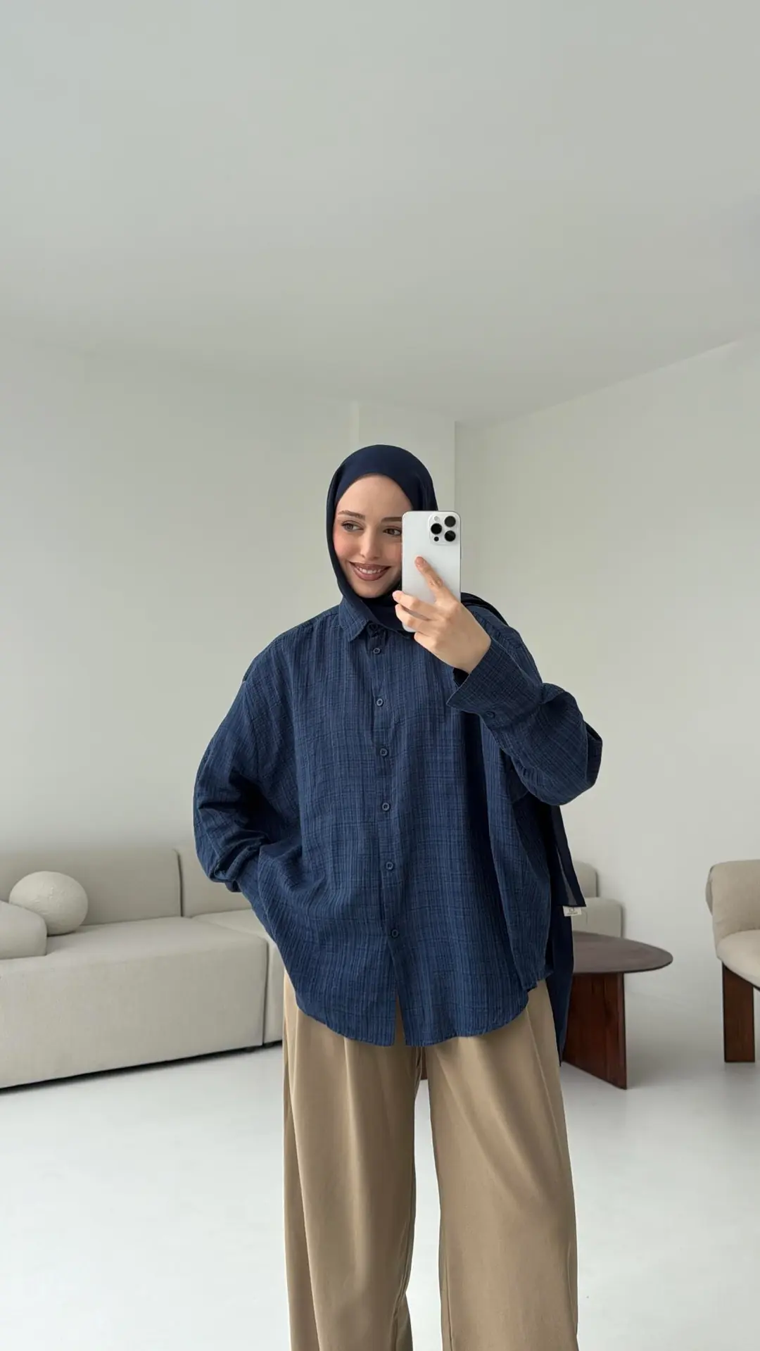 Kare Dokulu Lacivert Oversize Gömlek