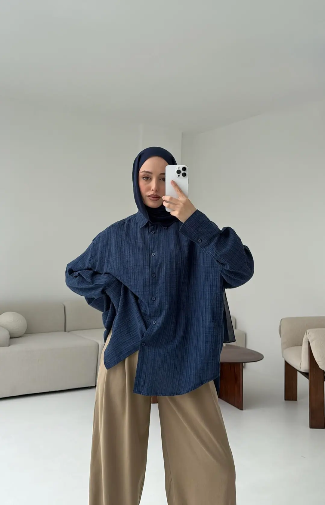 Kare Dokulu Lacivert Oversize Gömlek
