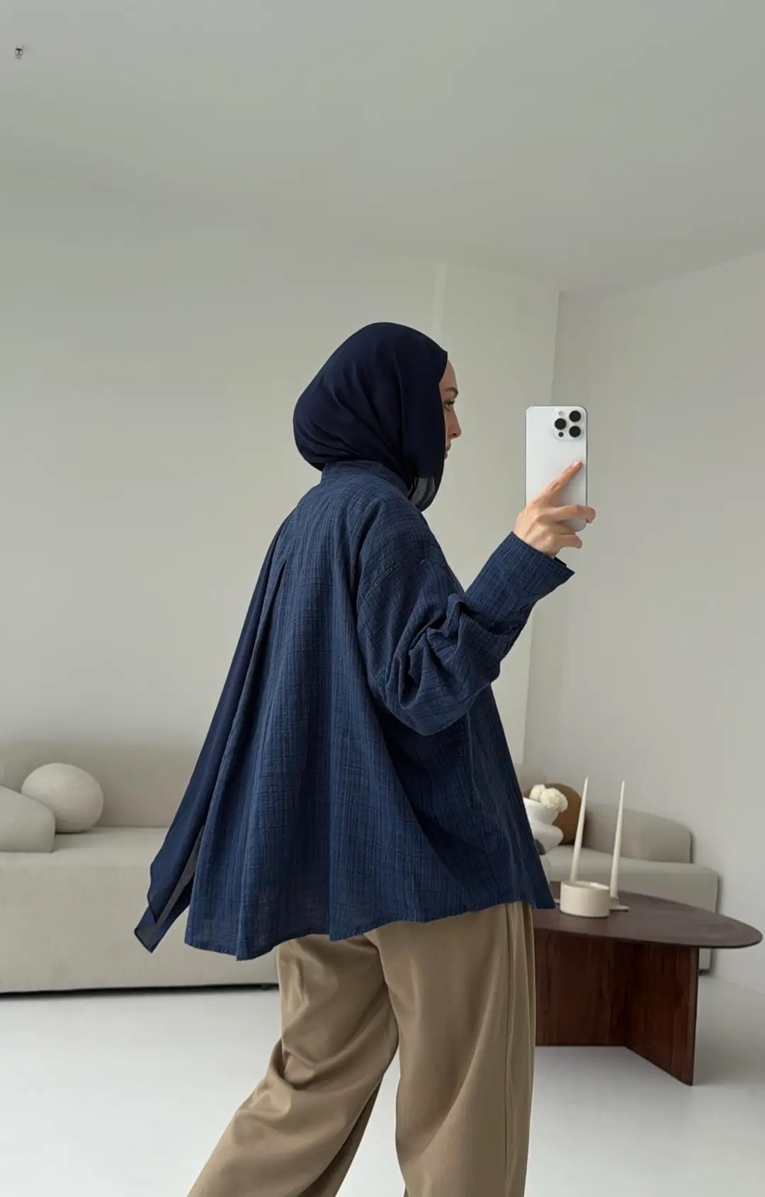 Kare Dokulu Lacivert Oversize Gömlek