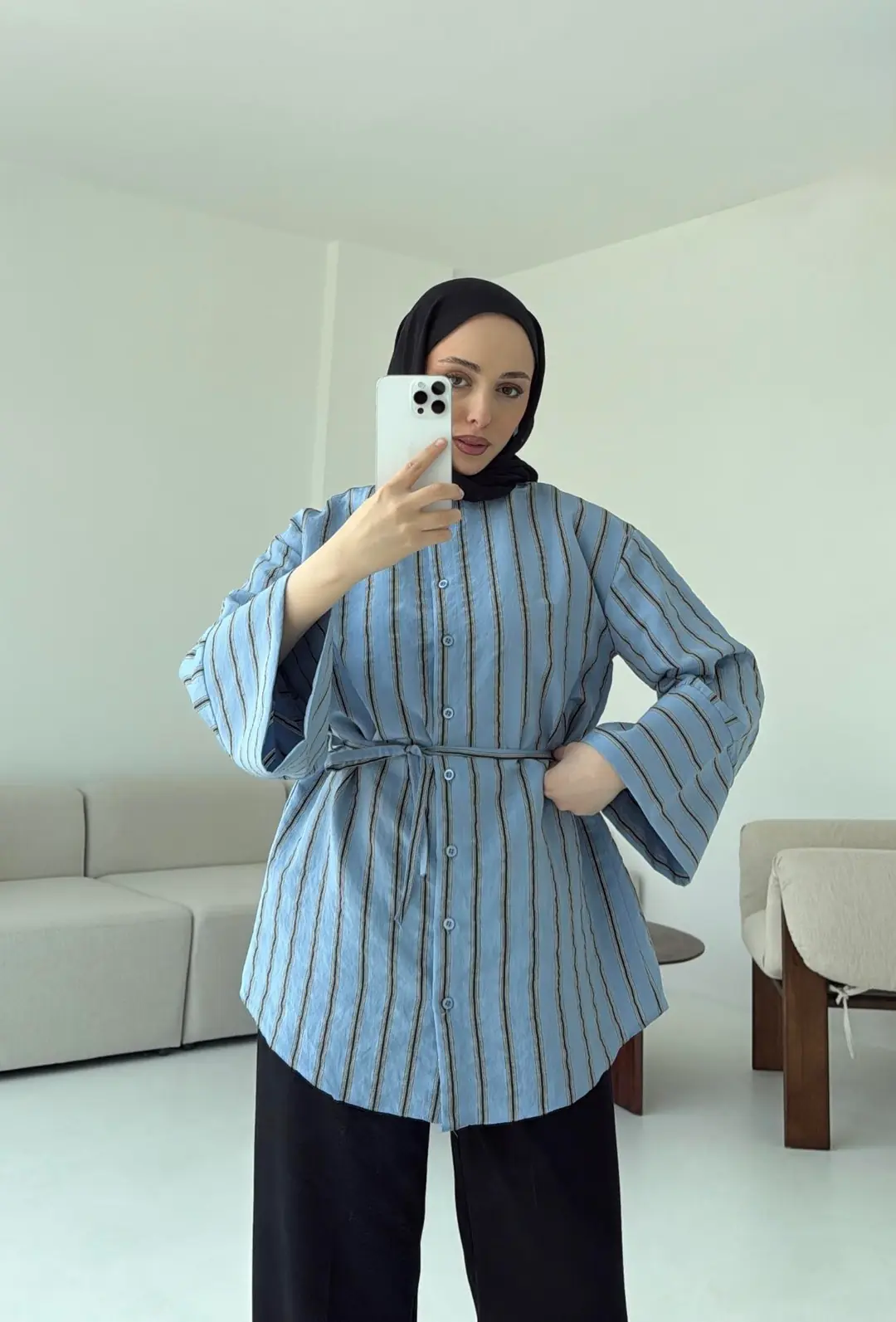 Çizgili Bağlamalı Gömlek Mavi