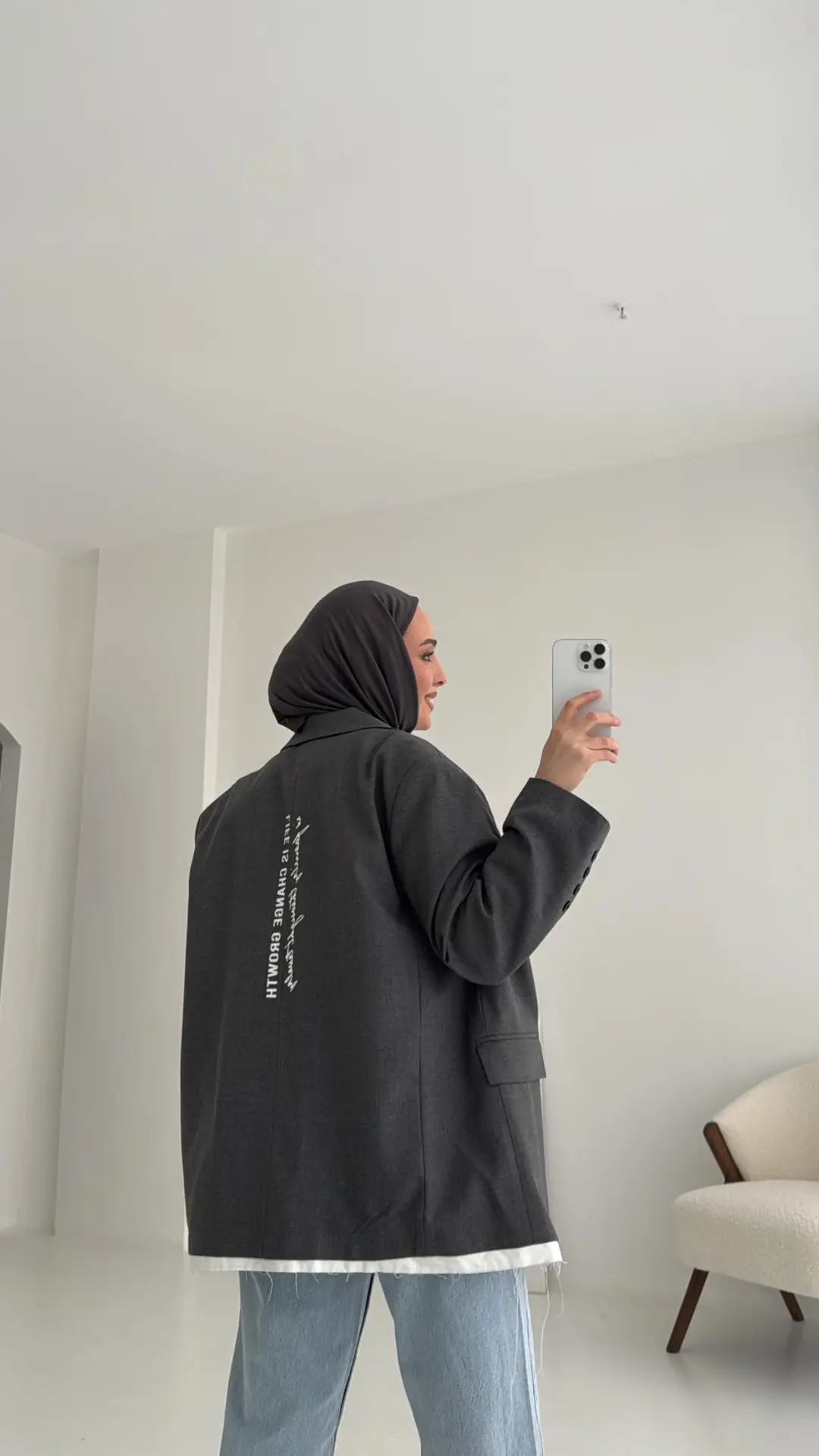 Arkası Baskılı Blazer Ceket Antrasit