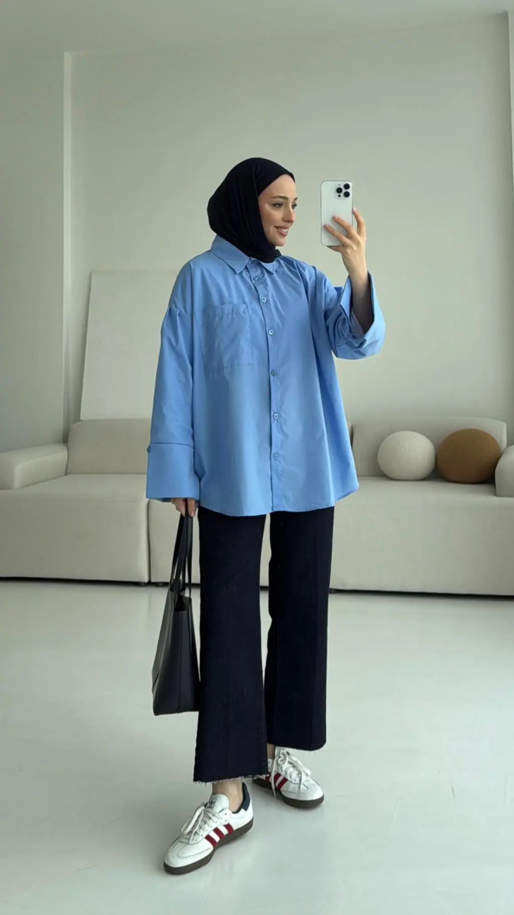 Kalın Manşetli Oversize Mavi Gömlek