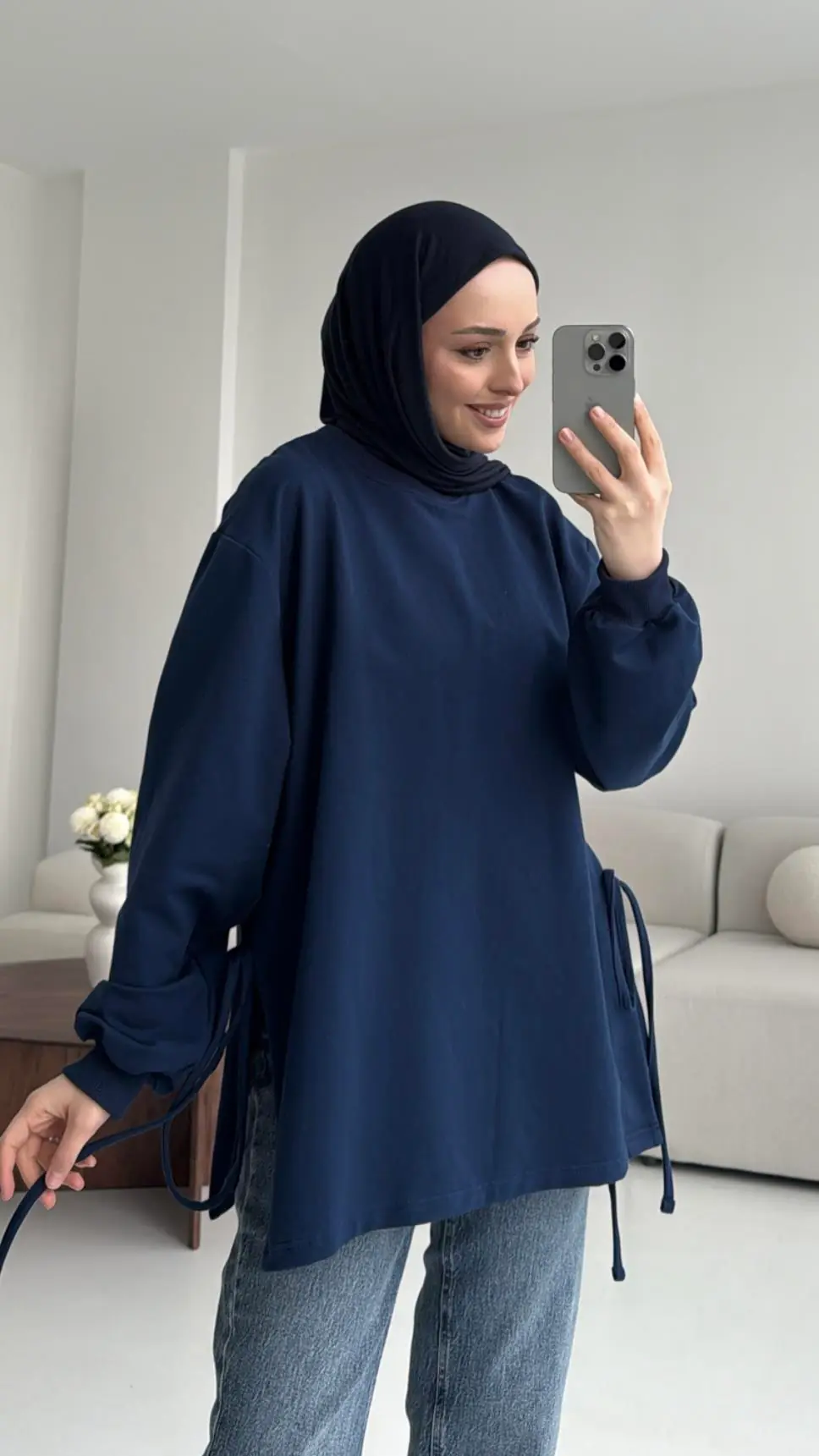 Yanları Bağlamalı Yazlık Sweatshirt Lacivert