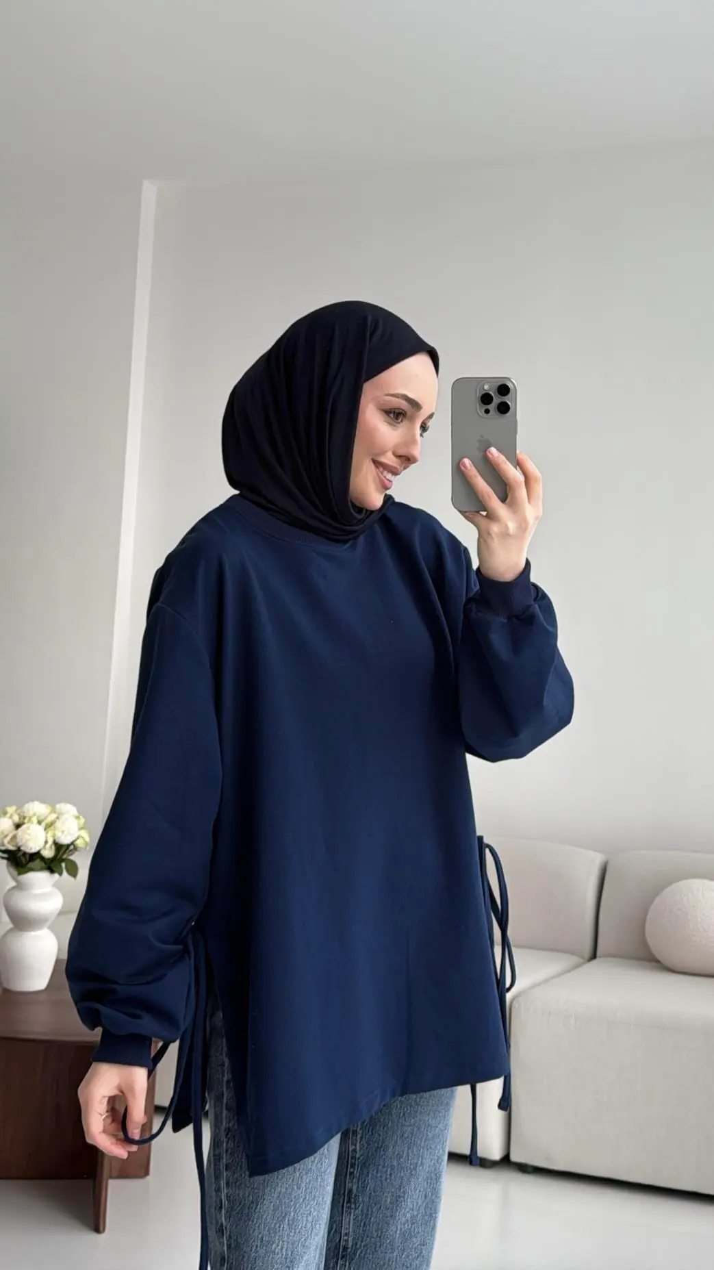Yanları Bağlamalı Yazlık Sweatshirt Lacivert