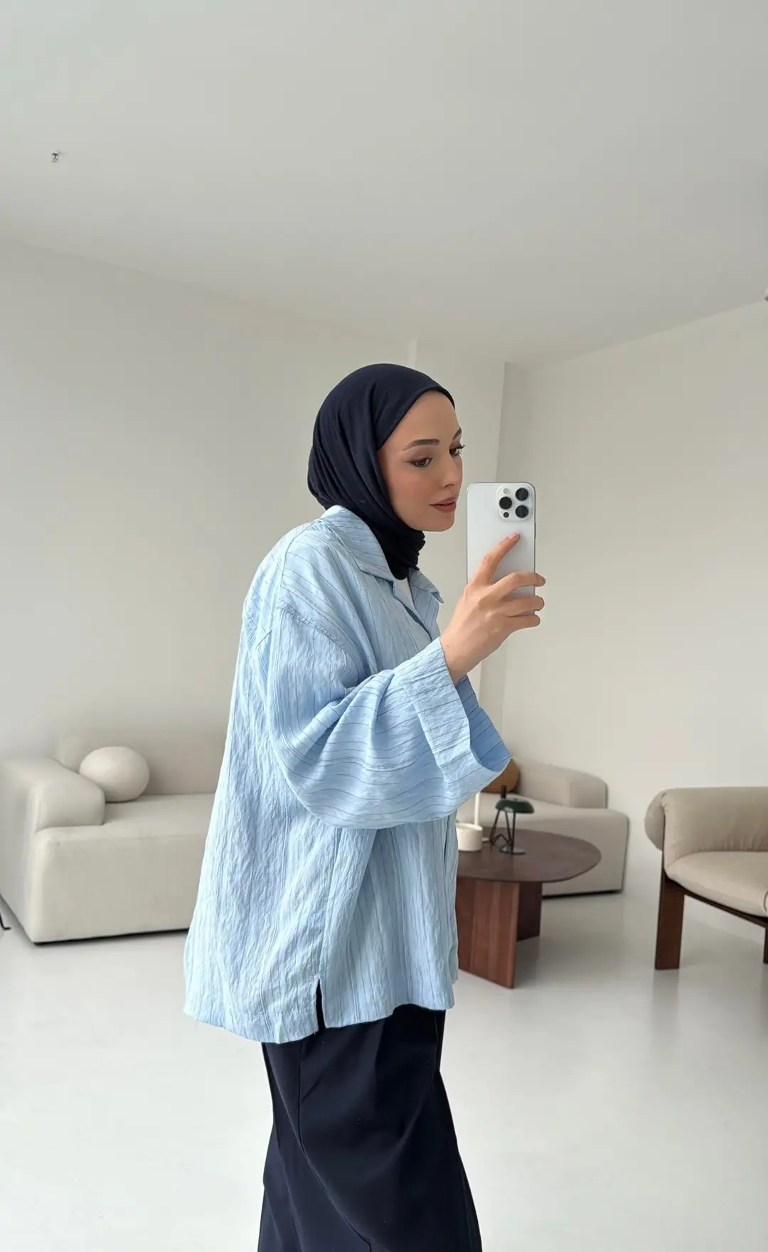 Çizgili Oversize Dökümlü Gömlek Mavi