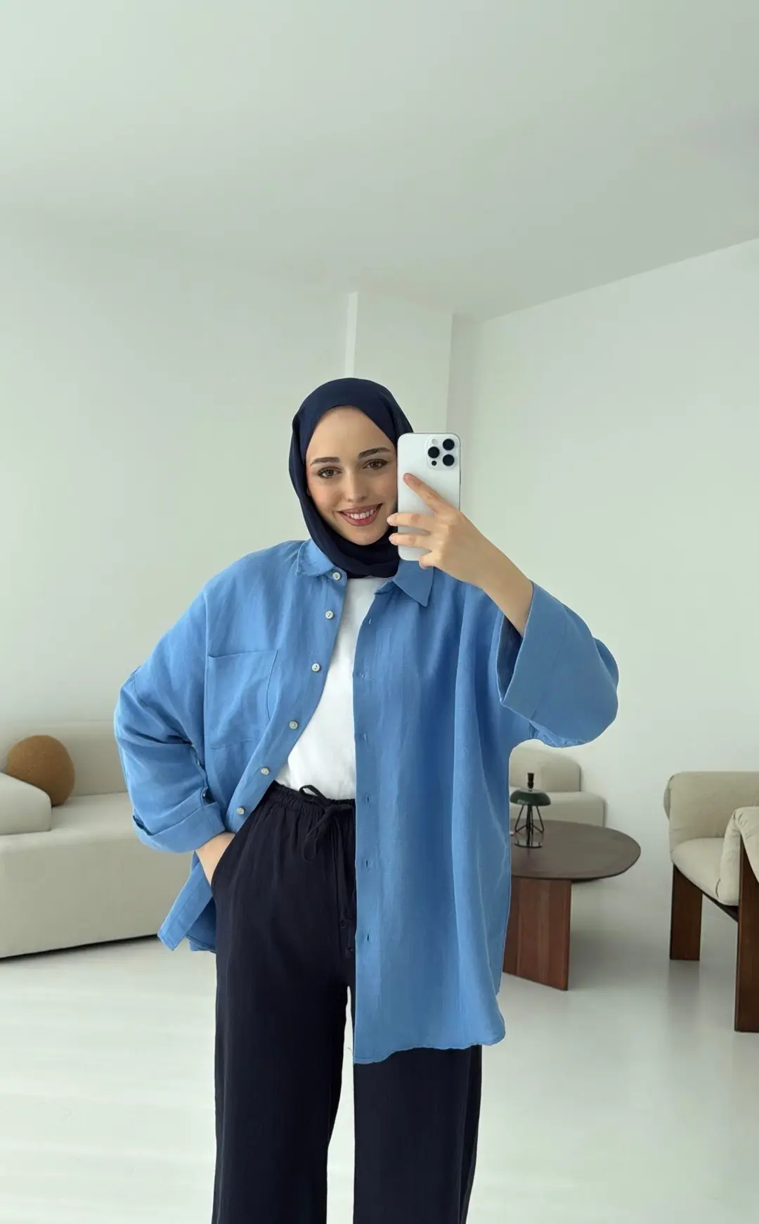 Linen Oversize Gömlek Açık Mavi