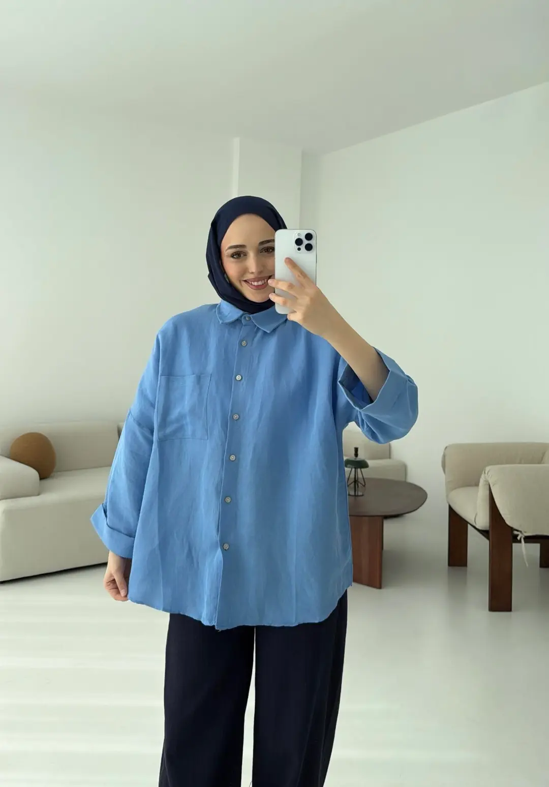 Linen Oversize Gömlek Açık Mavi