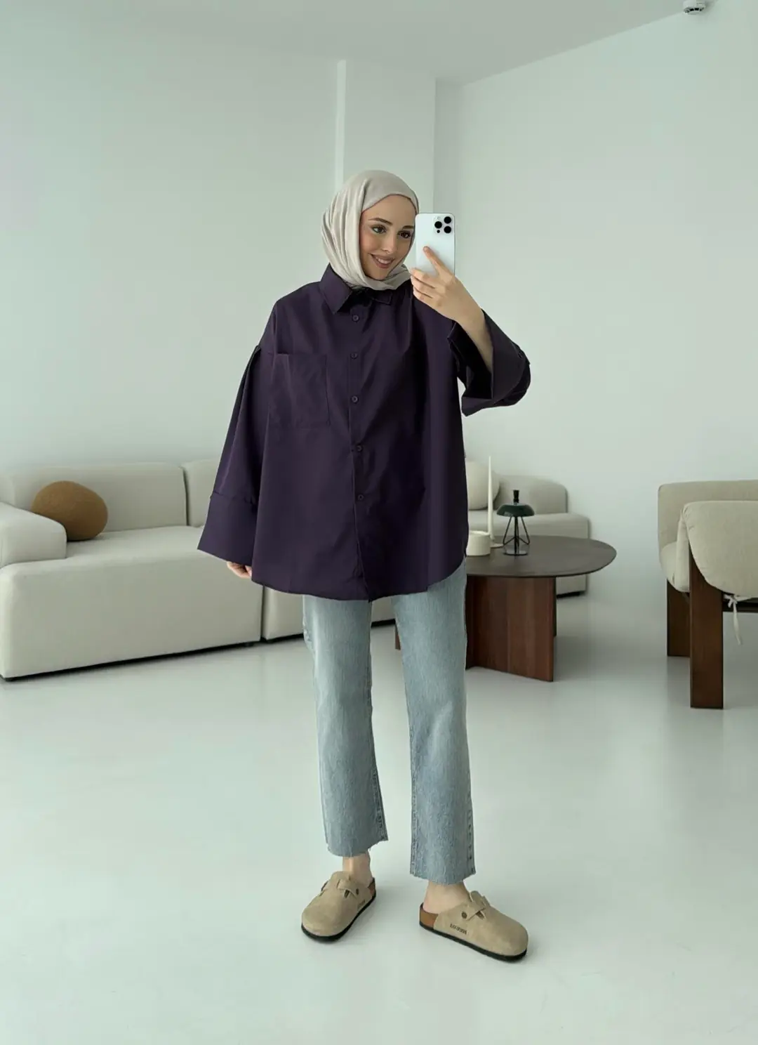 Kalın Manşetli Oversize Mor Gömlek