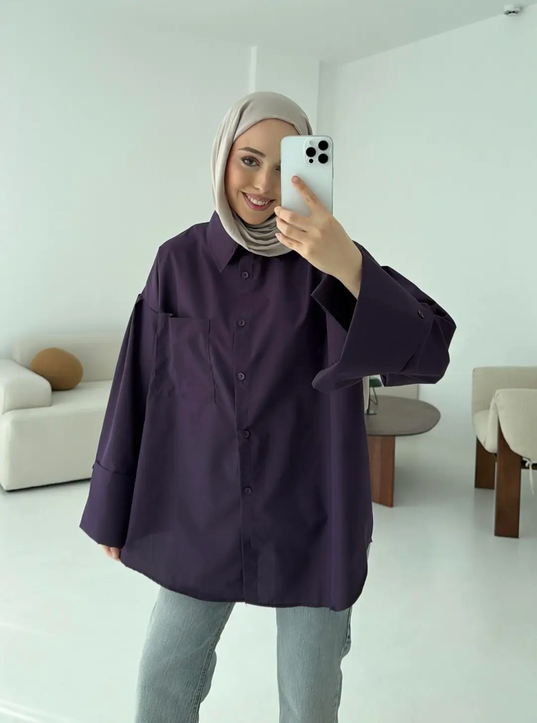 Kalın Manşetli Oversize Mor Gömlek