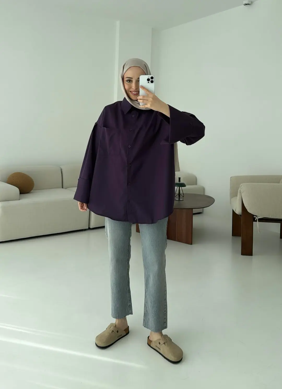 Kalın Manşetli Oversize Mor Gömlek