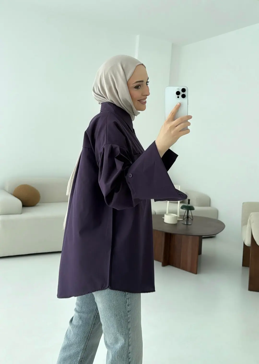 Kalın Manşetli Oversize Mor Gömlek