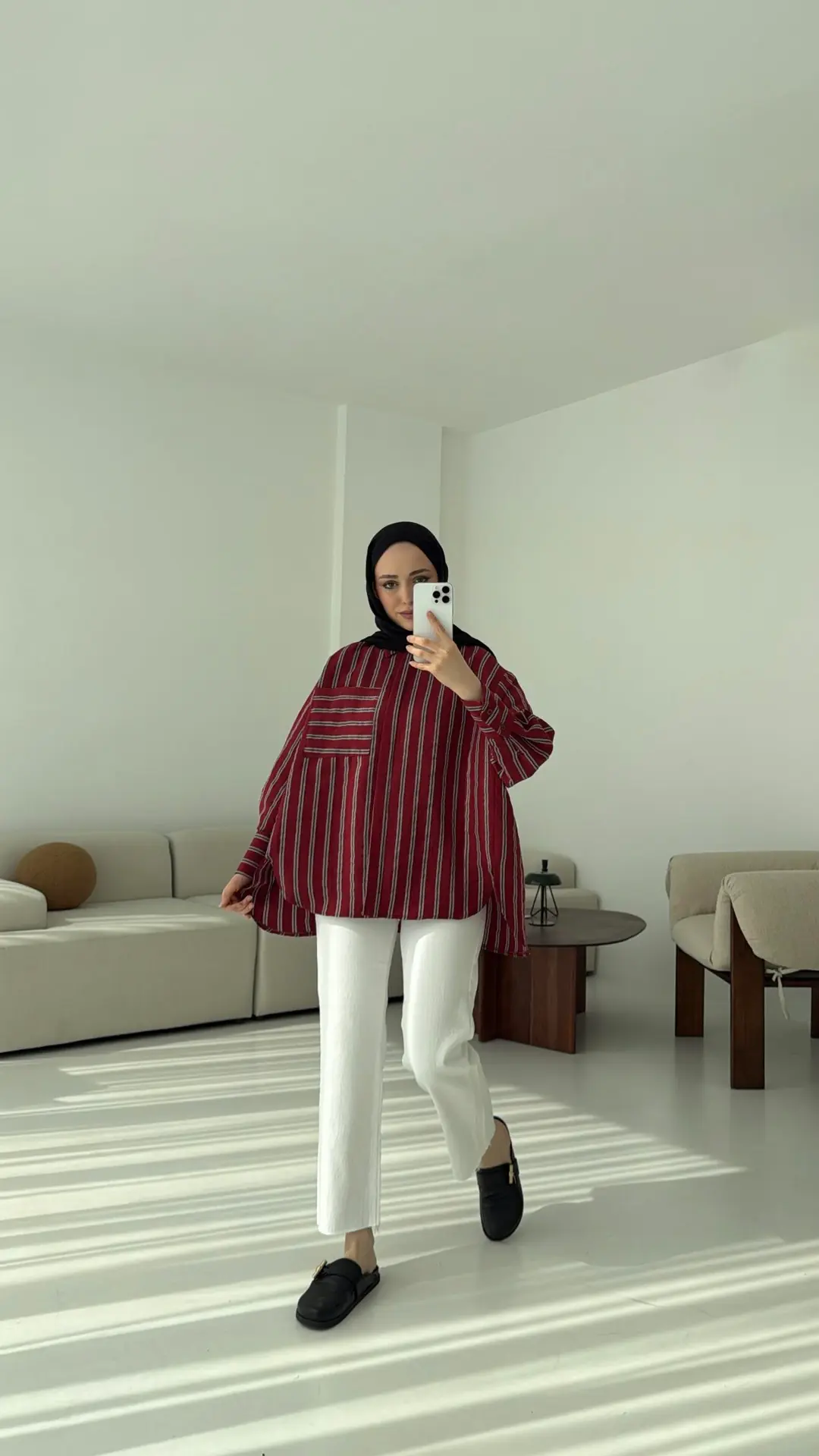 Çizgili Tek Cep Oversize Gömlek Bordo