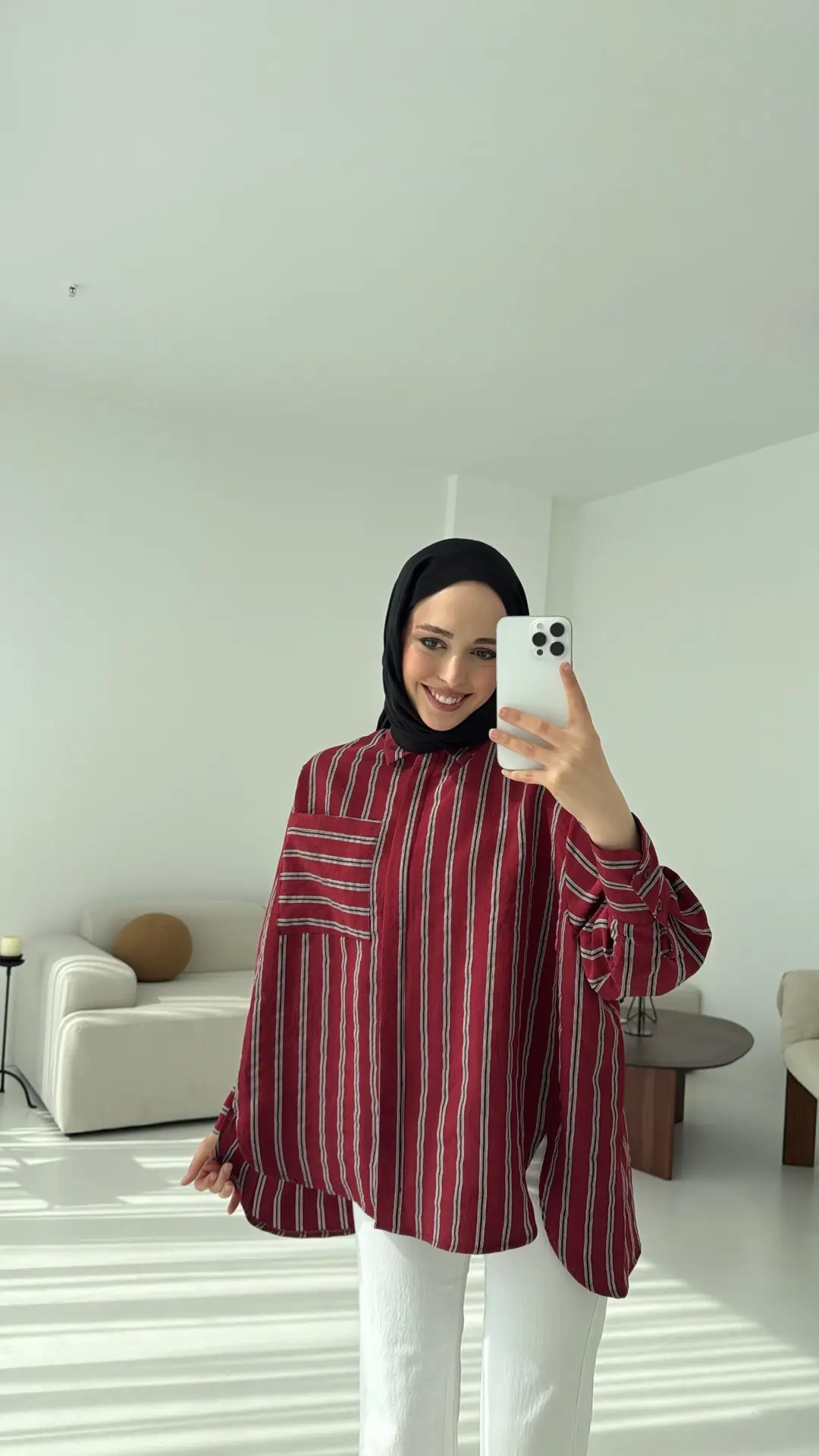 Çizgili Tek Cep Oversize Gömlek Bordo
