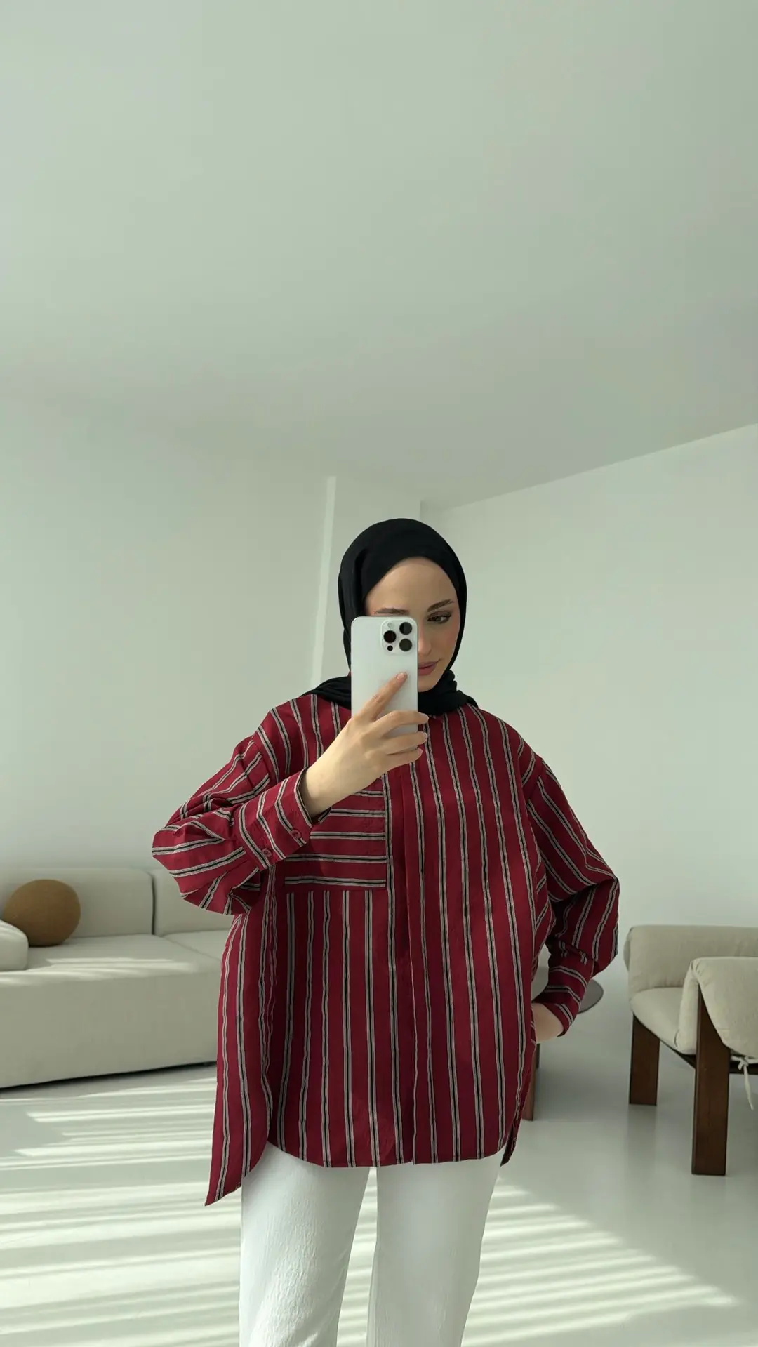 Çizgili Tek Cep Oversize Gömlek Bordo