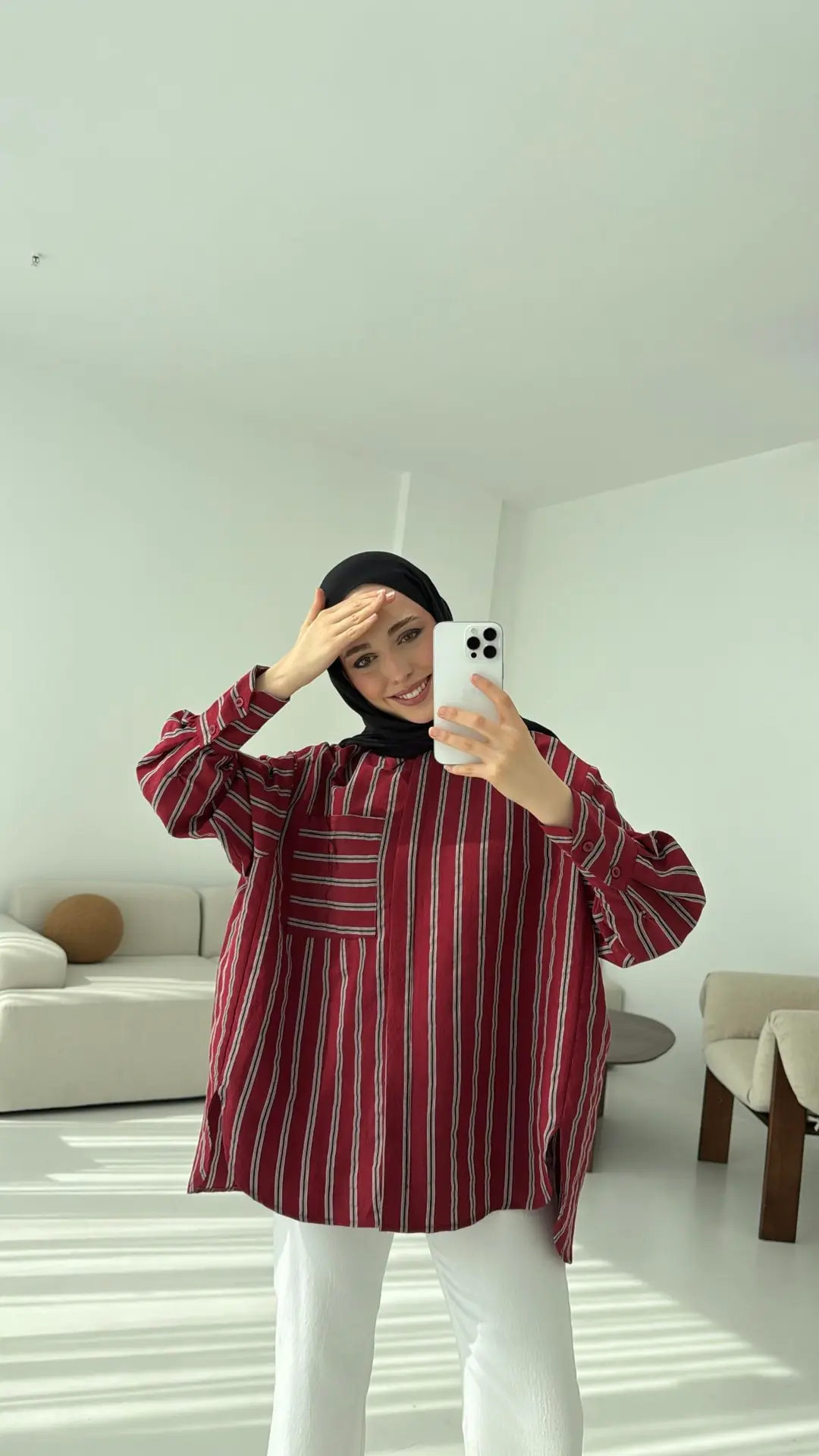 Çizgili Tek Cep Oversize Gömlek Bordo