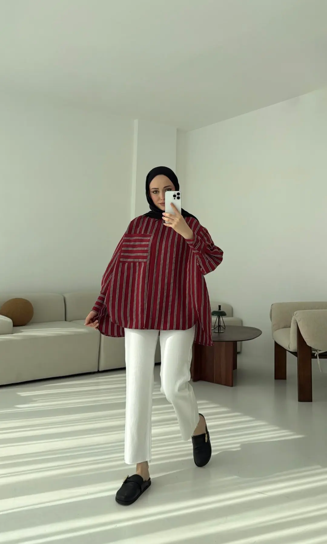 Çizgili Tek Cep Oversize Gömlek Bordo