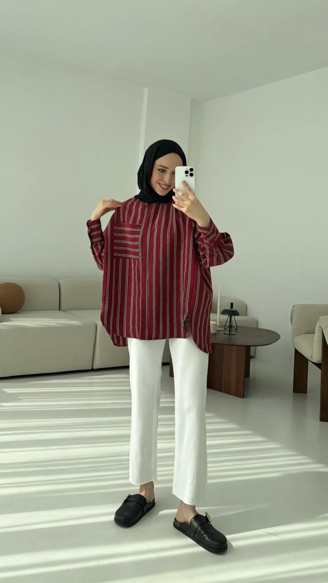 Çizgili Tek Cep Oversize Gömlek Bordo