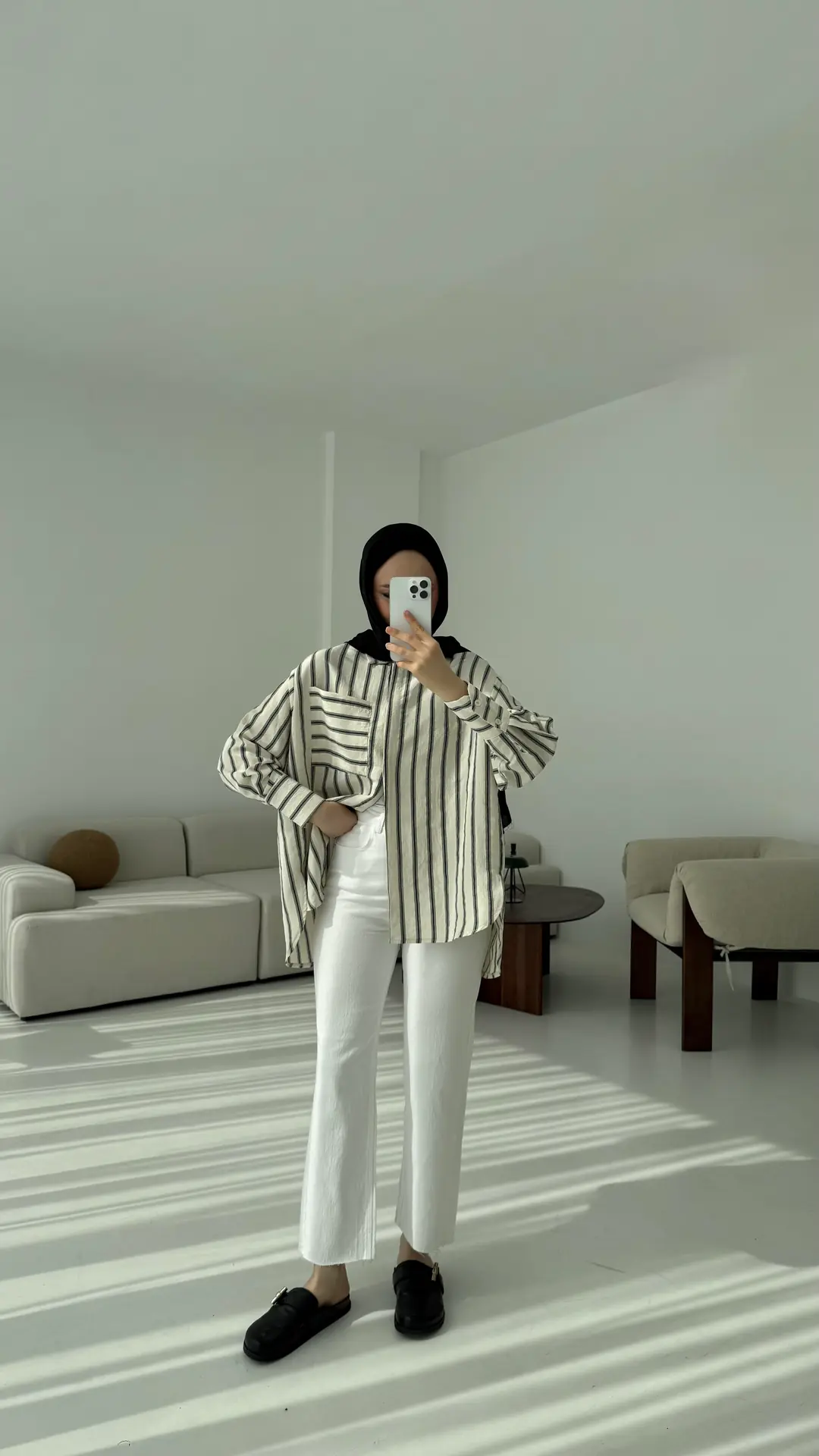 Çizgili Tek Cep Oversize Gömlek Beyaz