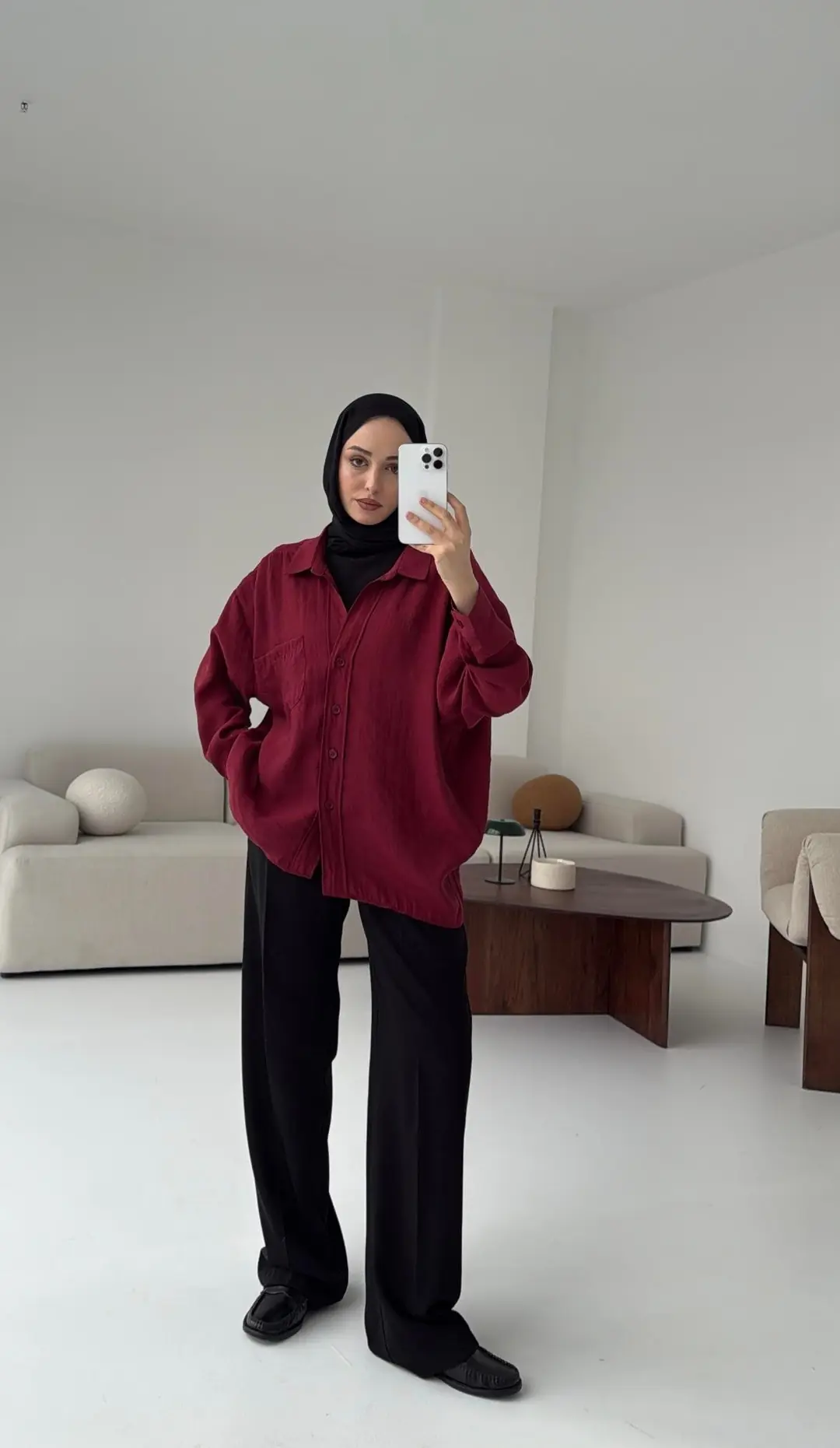 Düşük Omuz Oversize Gömlek Bordo