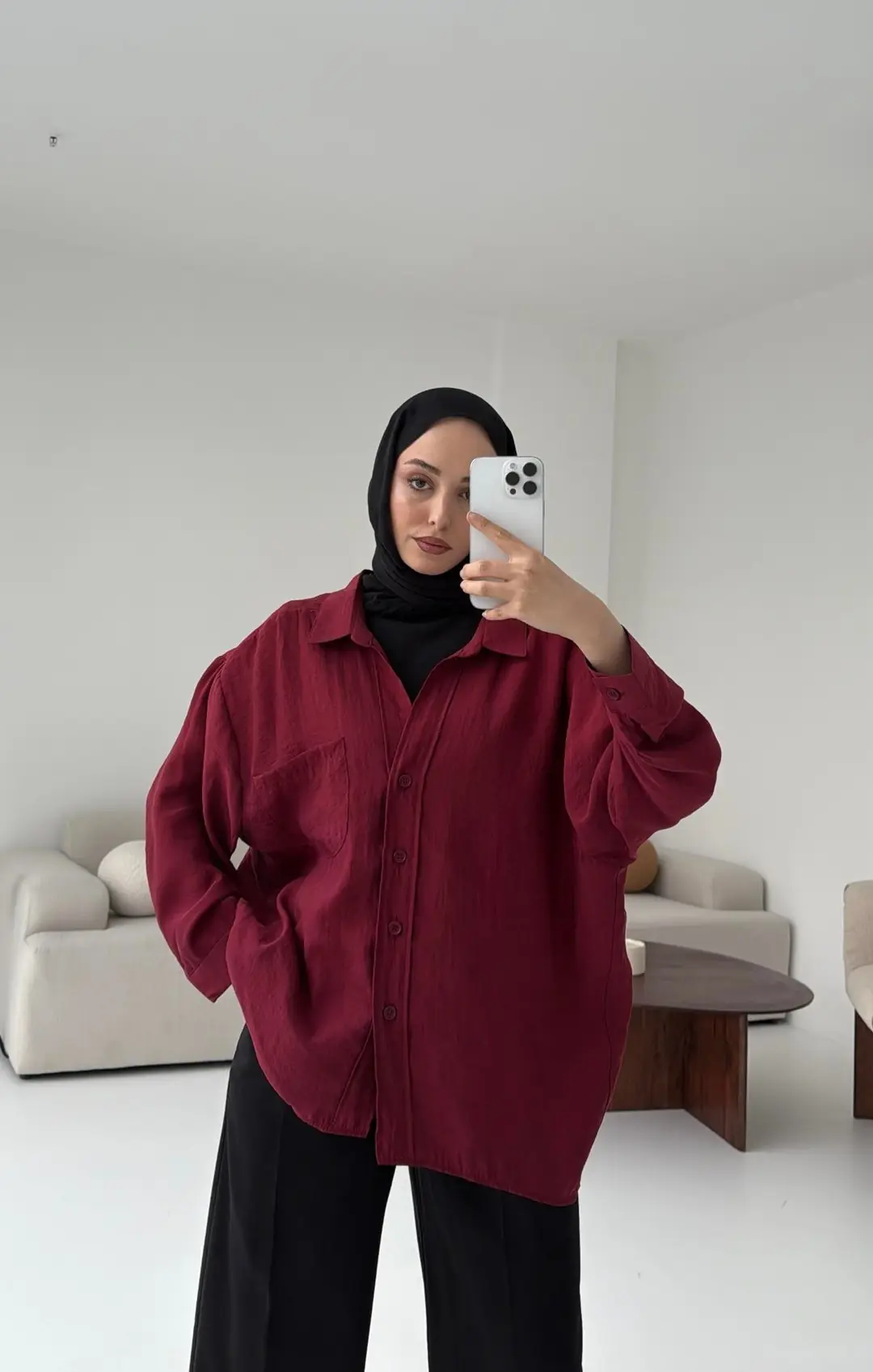Düşük Omuz Oversize Gömlek Bordo