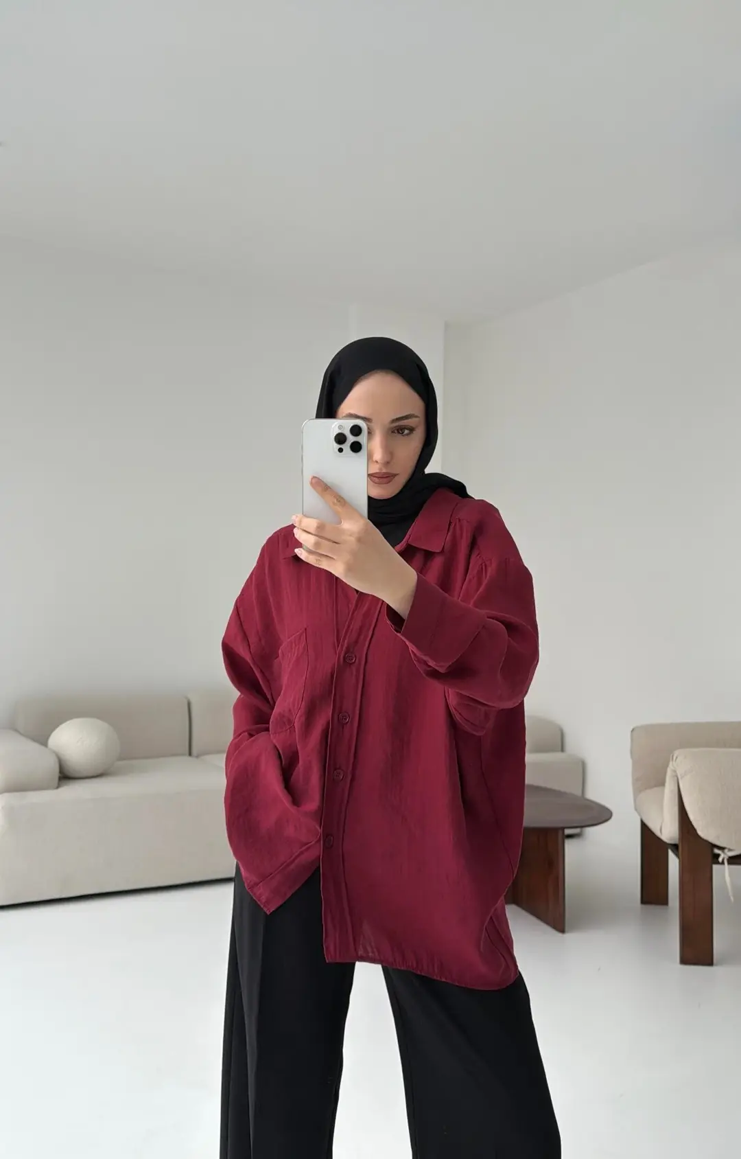 Düşük Omuz Oversize Gömlek Bordo
