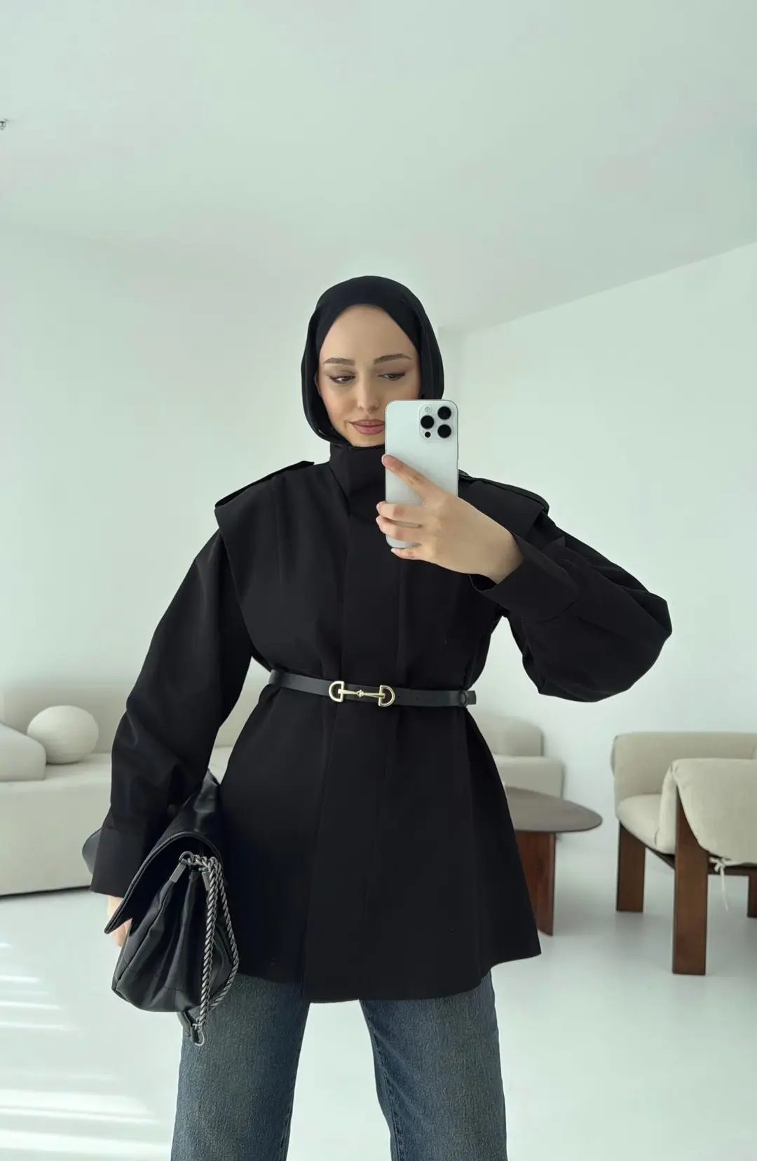 Kemerli Trençkot Siyah