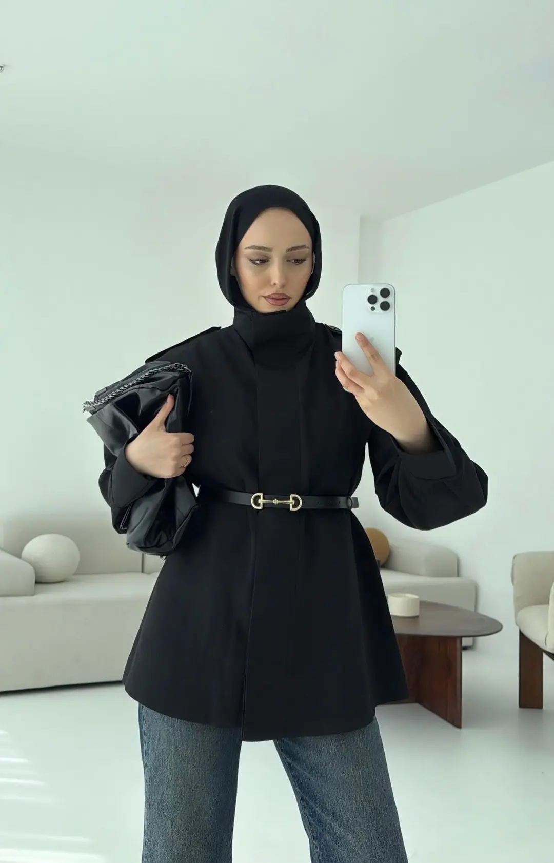 Kemerli Trençkot Siyah