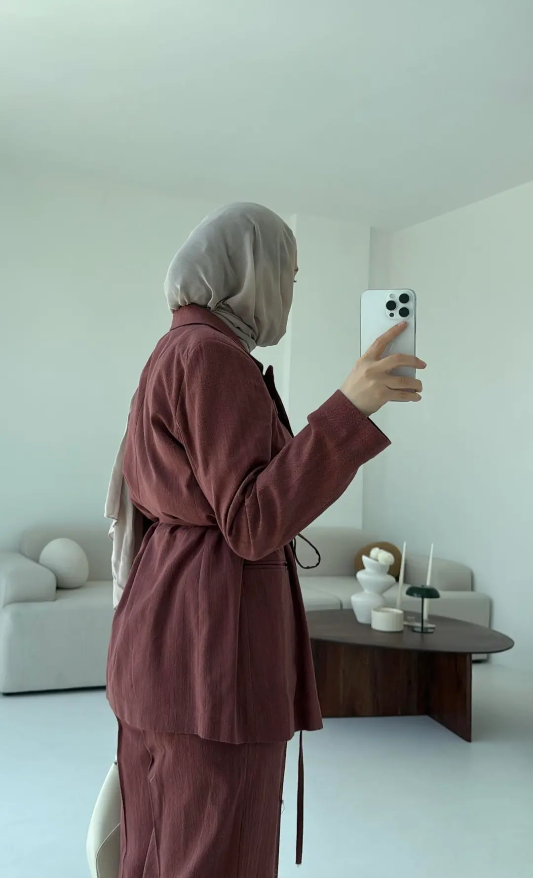 Bağlamalı Keten Ceketli Takım Kiremit