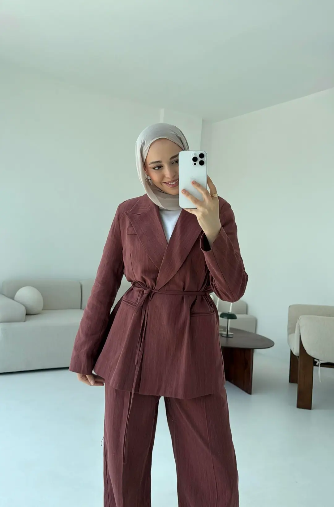 Bağlamalı Keten Ceketli Takım Kiremit