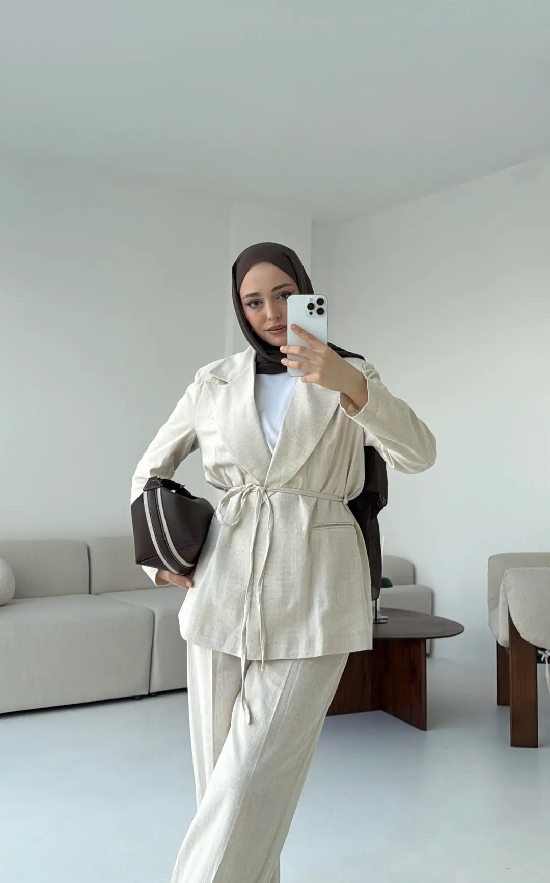 Bağlamalı Keten Ceketli Takım Natural