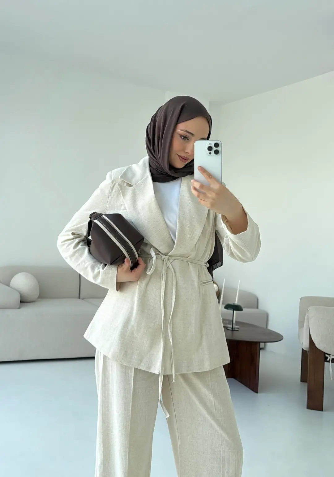 Bağlamalı Keten Ceketli Takım Natural