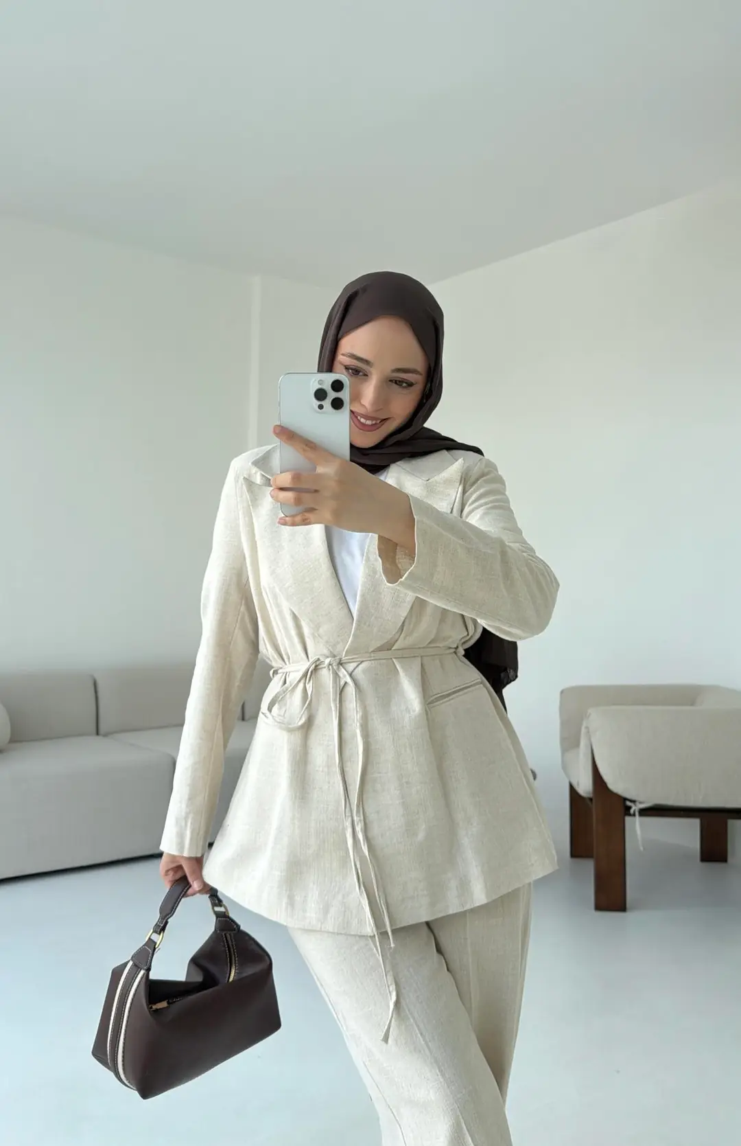 Bağlamalı Keten Ceketli Takım Natural
