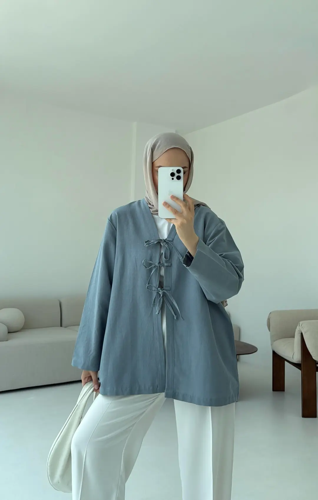 Keten Üç Bağlamalı Kimono Mavi