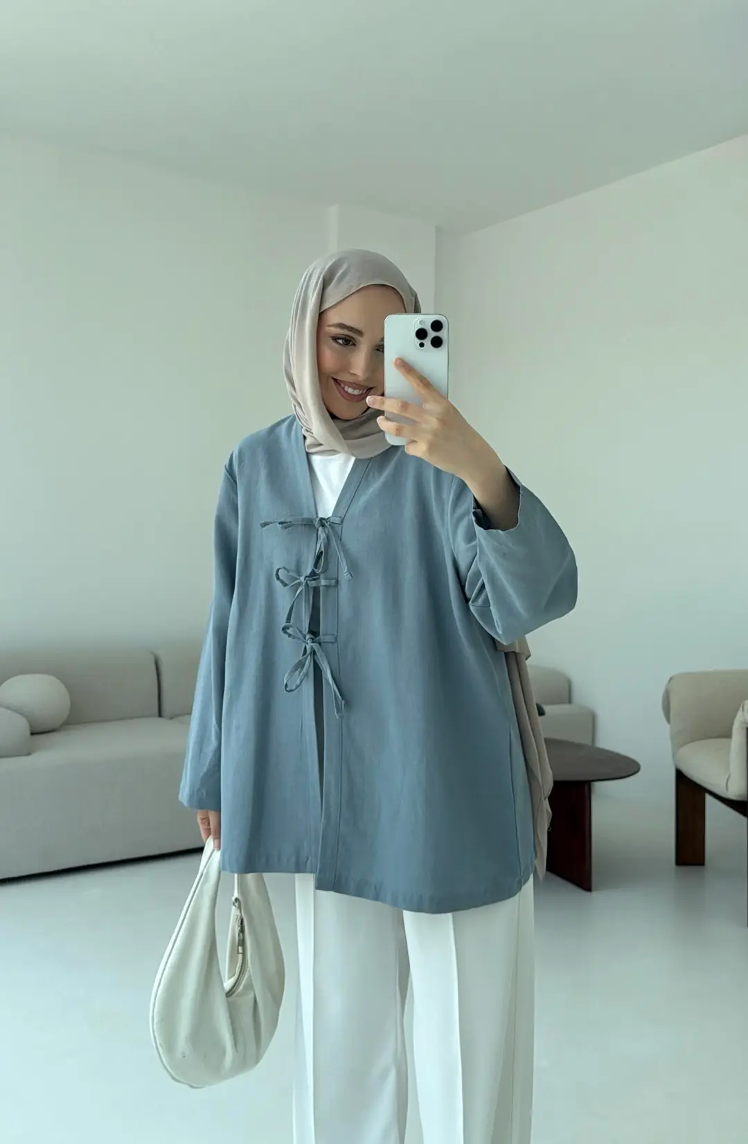 Keten Üç Bağlamalı Kimono Mavi
