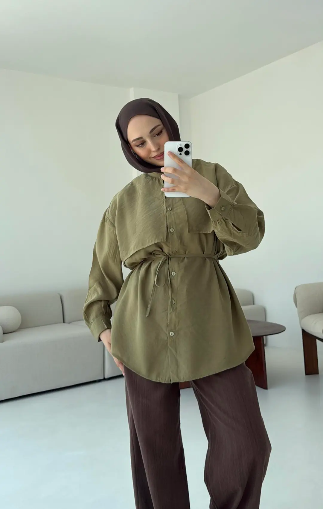 Pelerinli Modal Gömlek Olive
