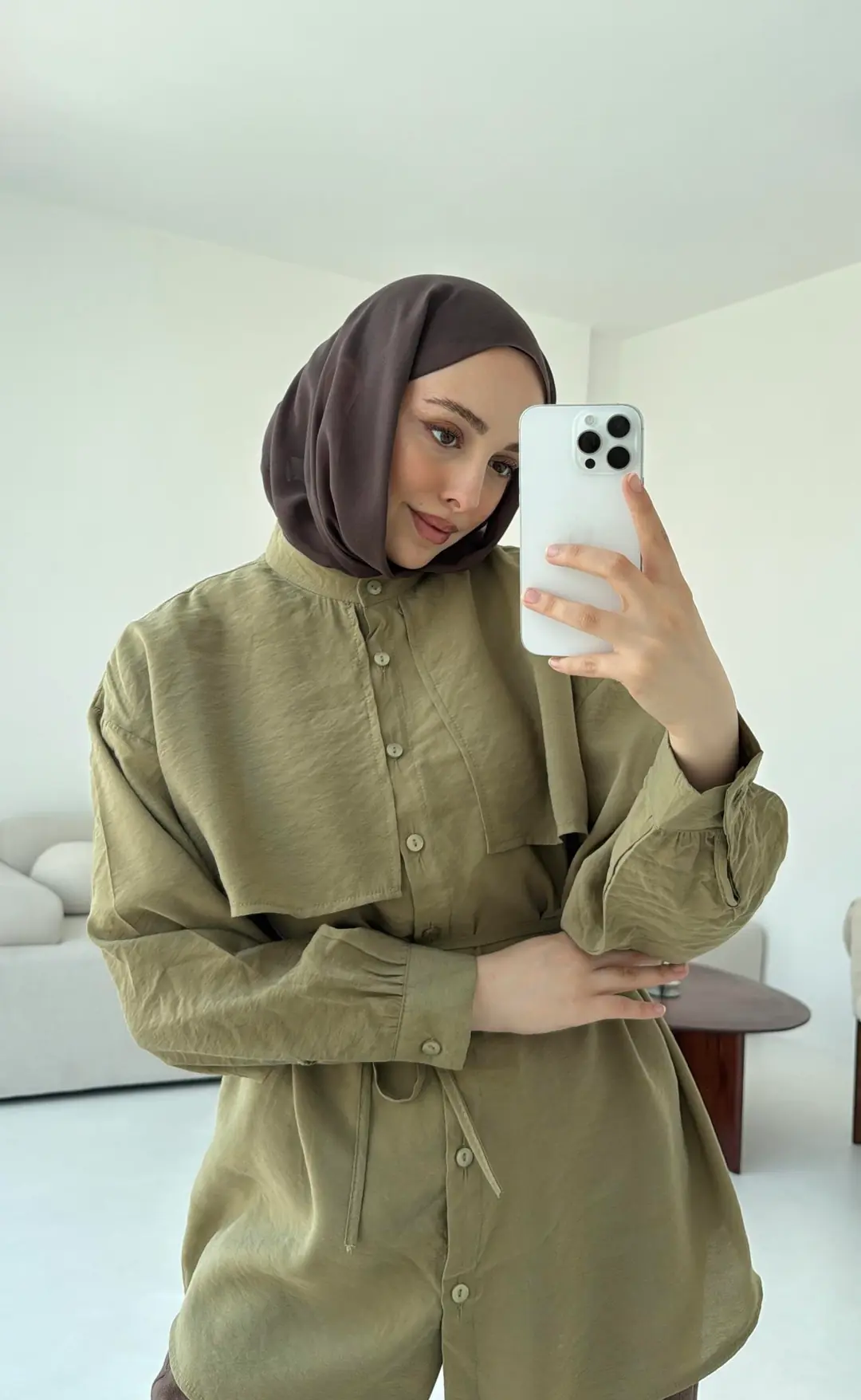 Pelerinli Modal Gömlek Olive