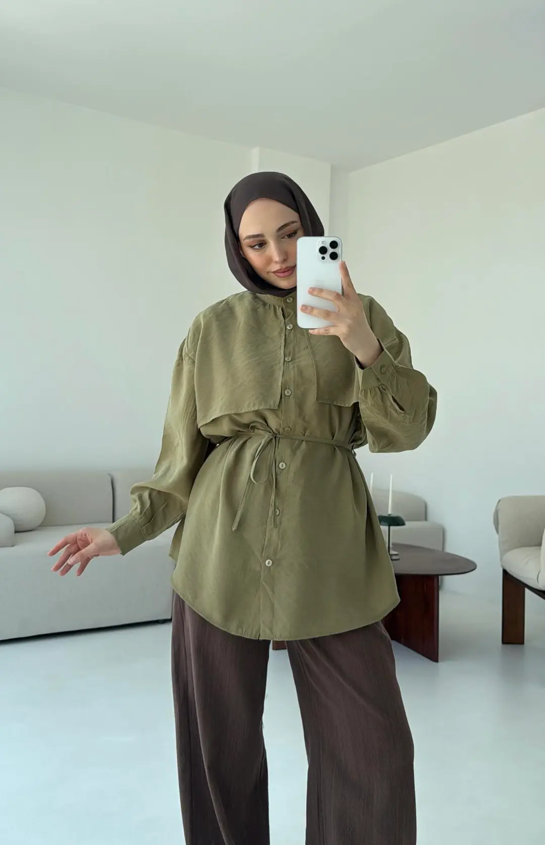 Pelerinli Modal Gömlek Olive