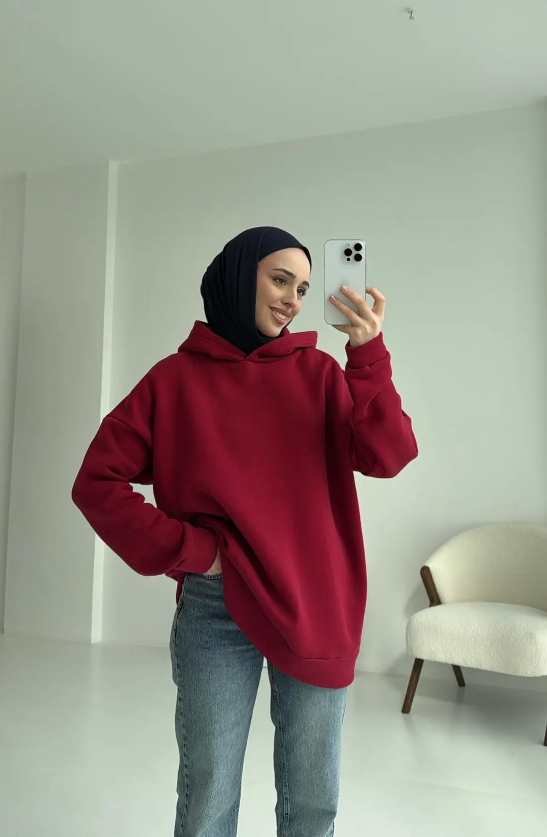 Şardonlu Oversize Bordo Sweatshirt