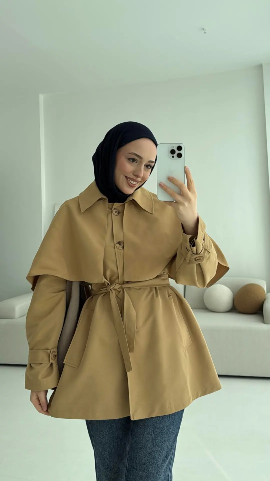 Astarlı Pelerinli Trençkot Camel