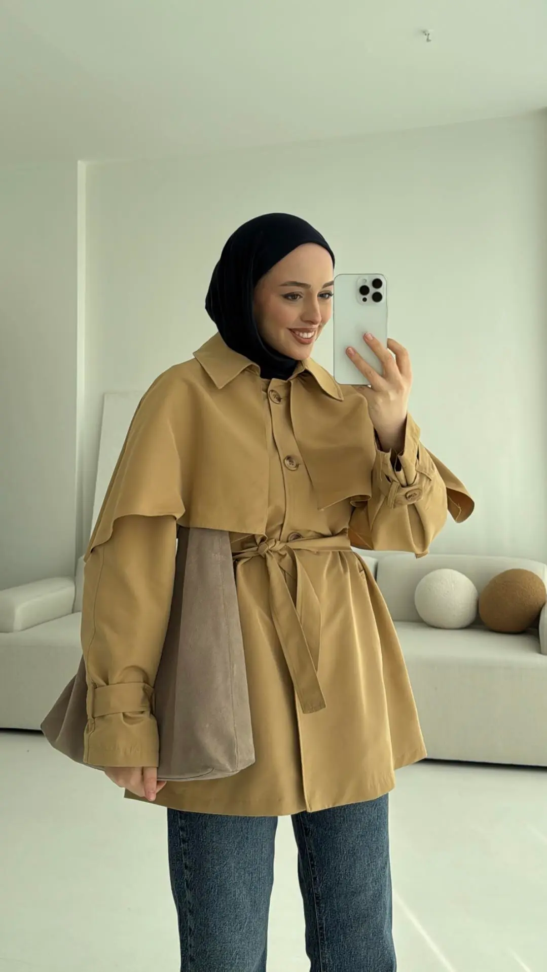 Astarlı Pelerinli Trençkot Camel
