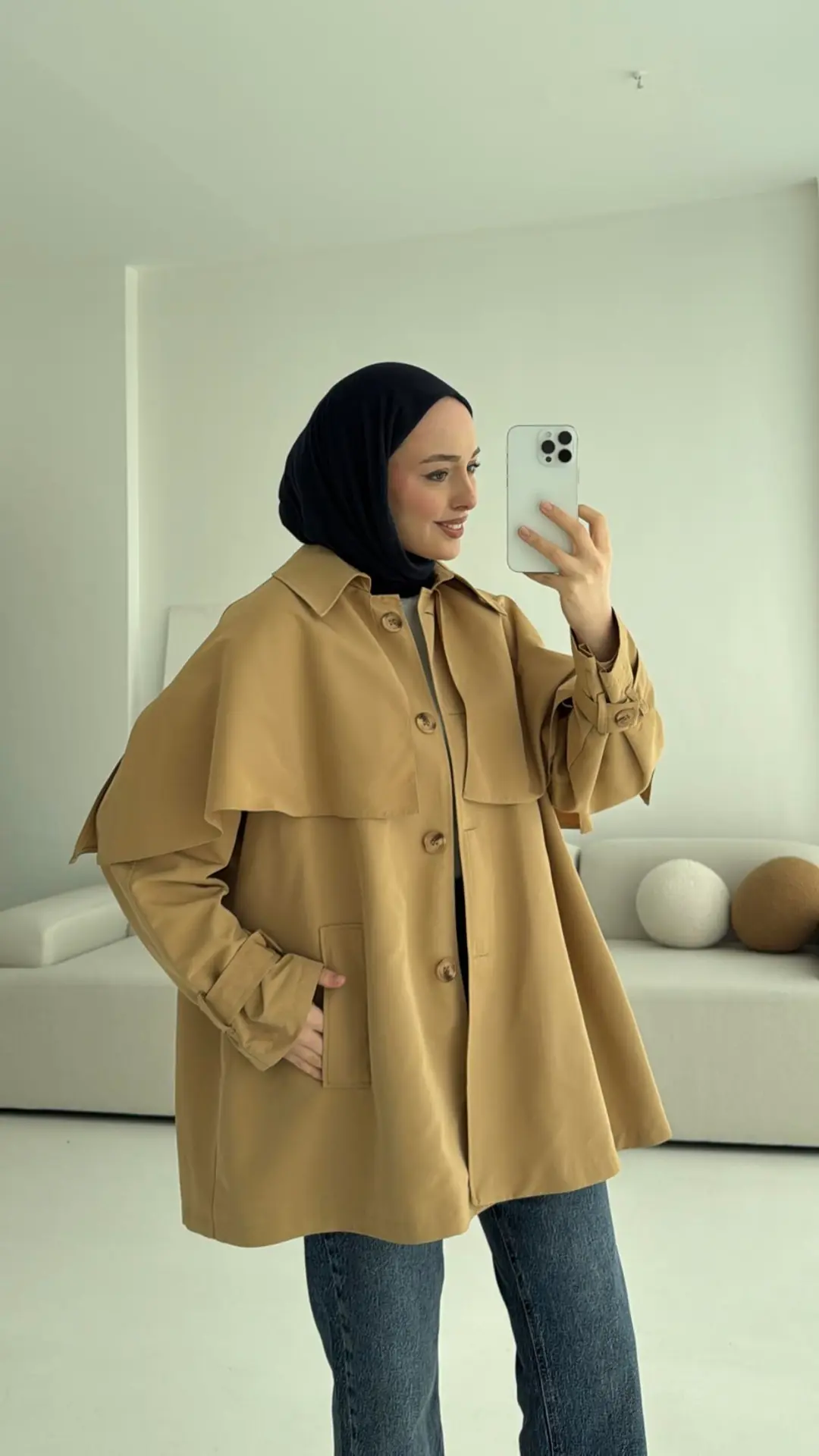 Astarlı Pelerinli Trençkot Camel