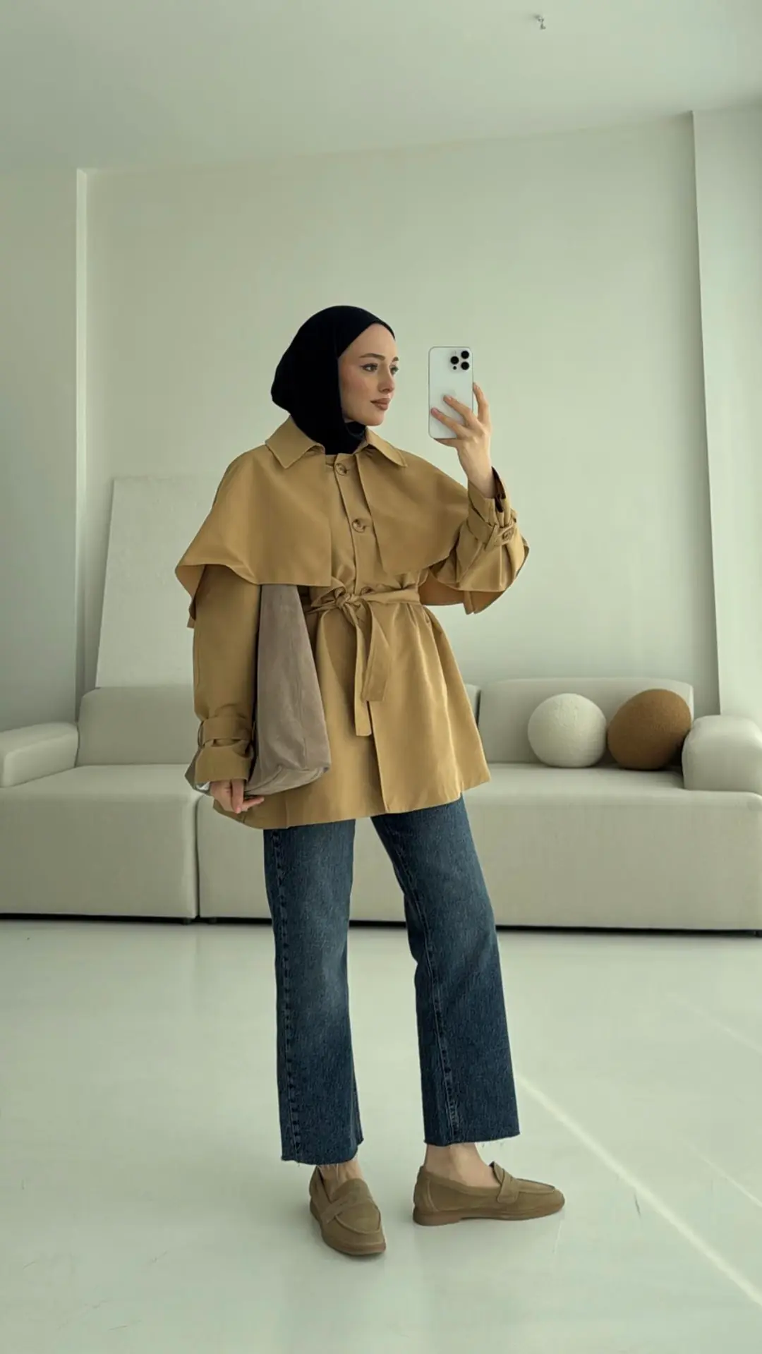 Astarlı Pelerinli Trençkot Camel